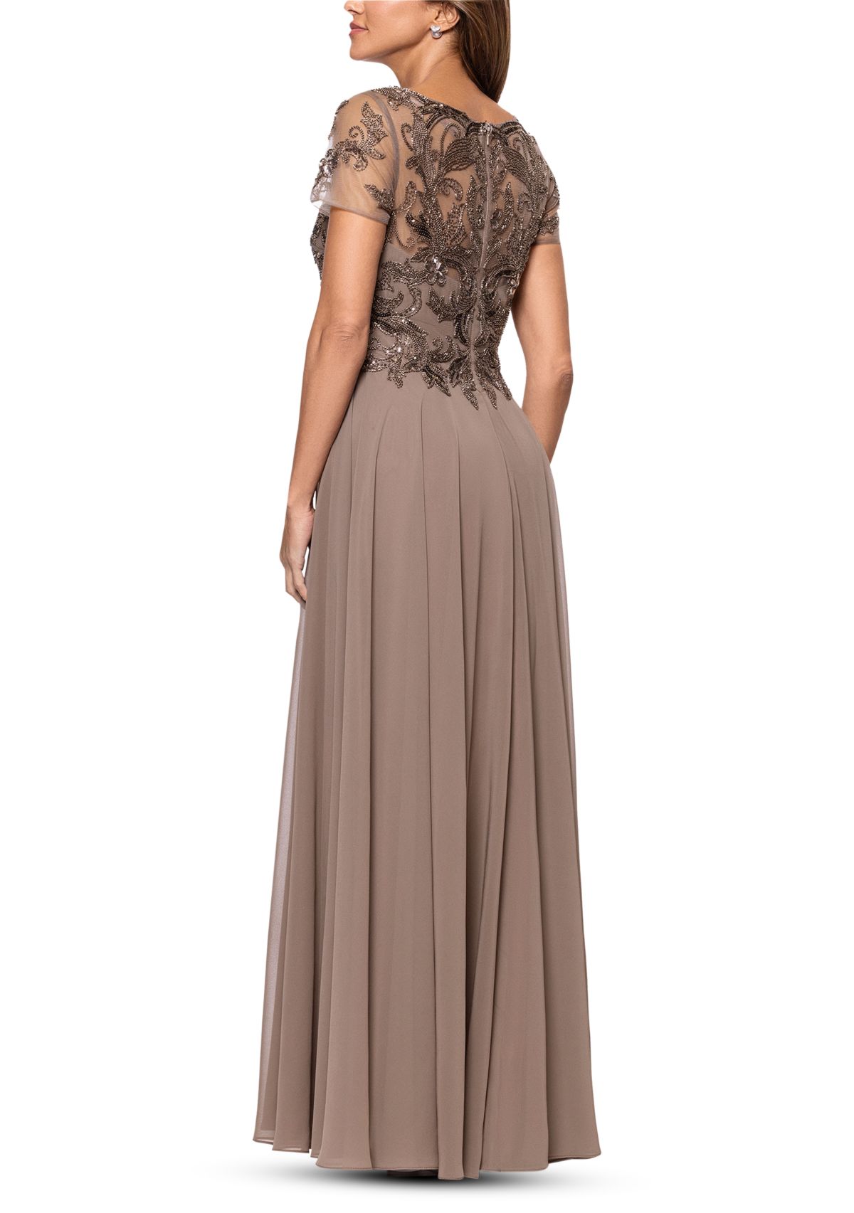 Womens Short Sleeve Solid Satin A-Line Ballgown