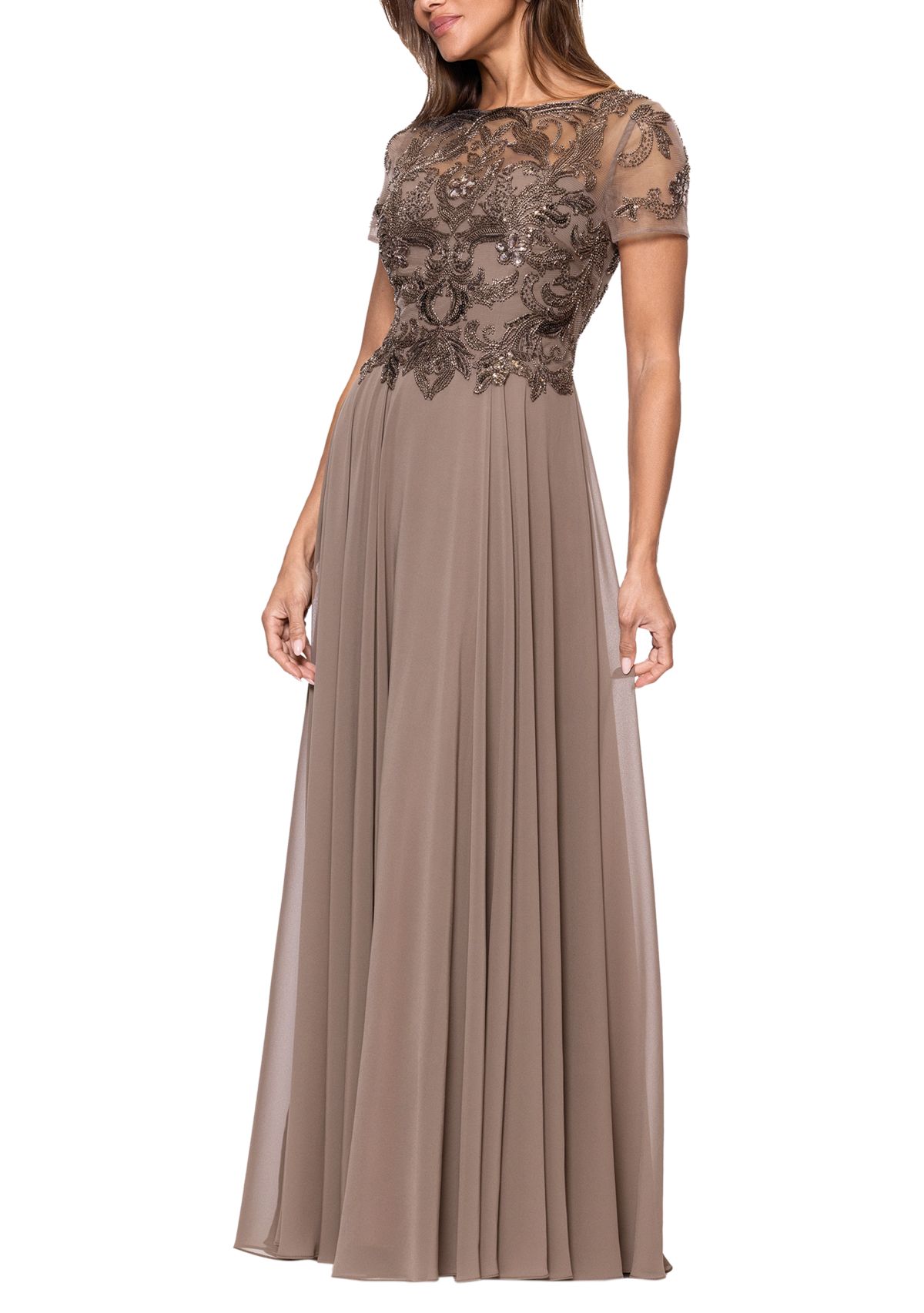 Womens Short Sleeve Solid Satin A-Line Ballgown