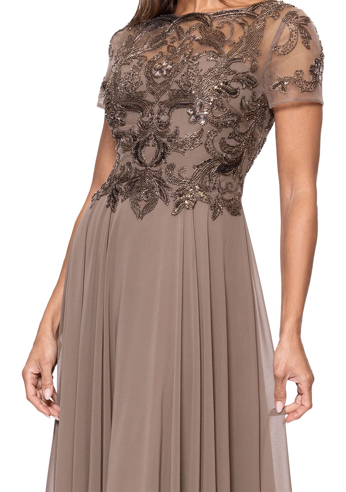 Womens Short Sleeve Solid Satin A-Line Ballgown