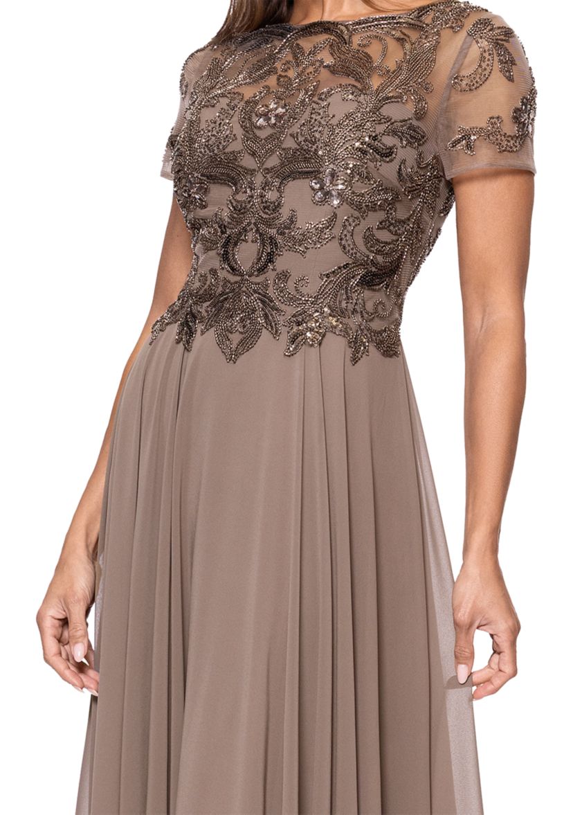 Womens Short Sleeve Solid Satin A-Line Ballgown