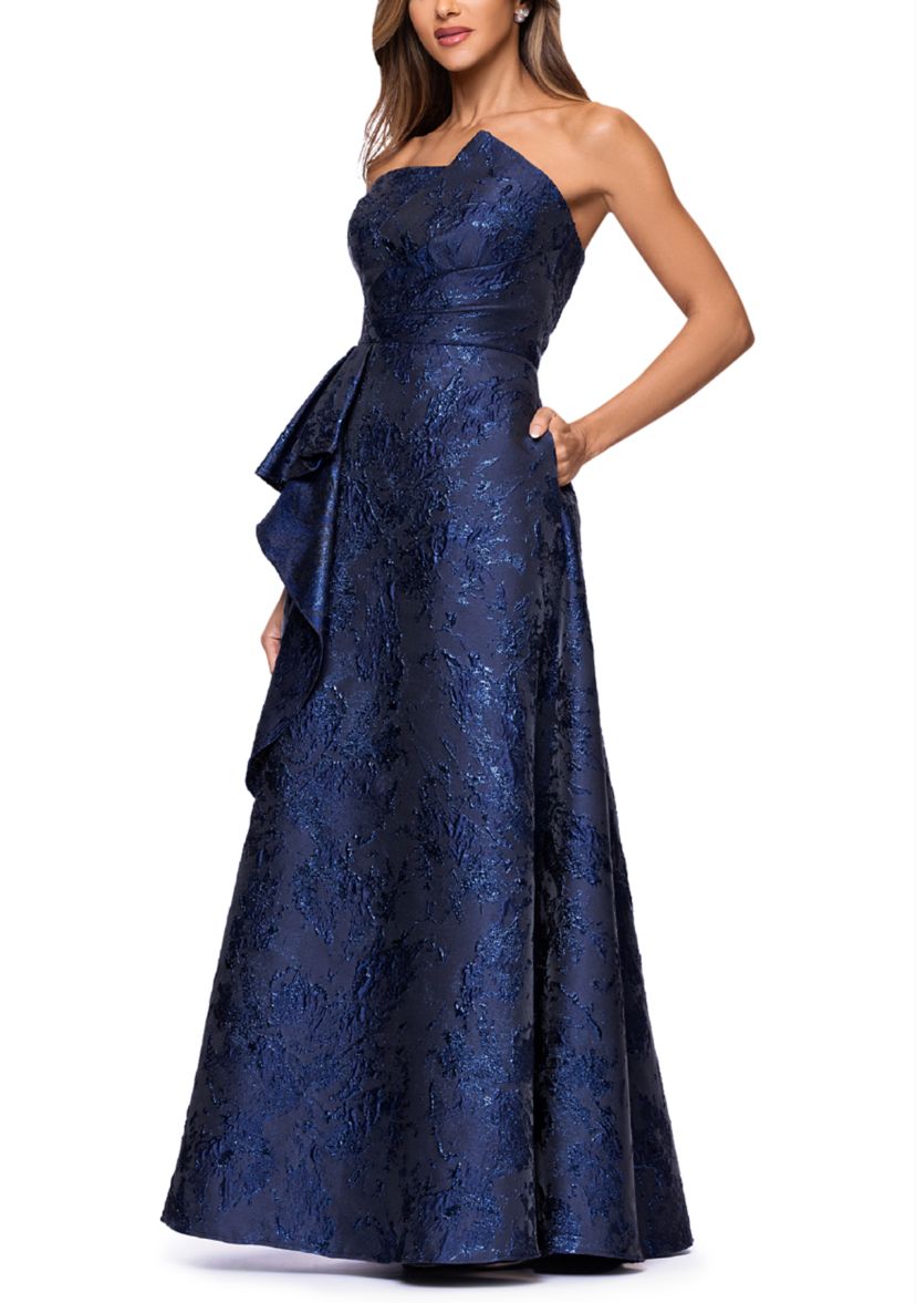 Womens Strapless Brocade Ballgown