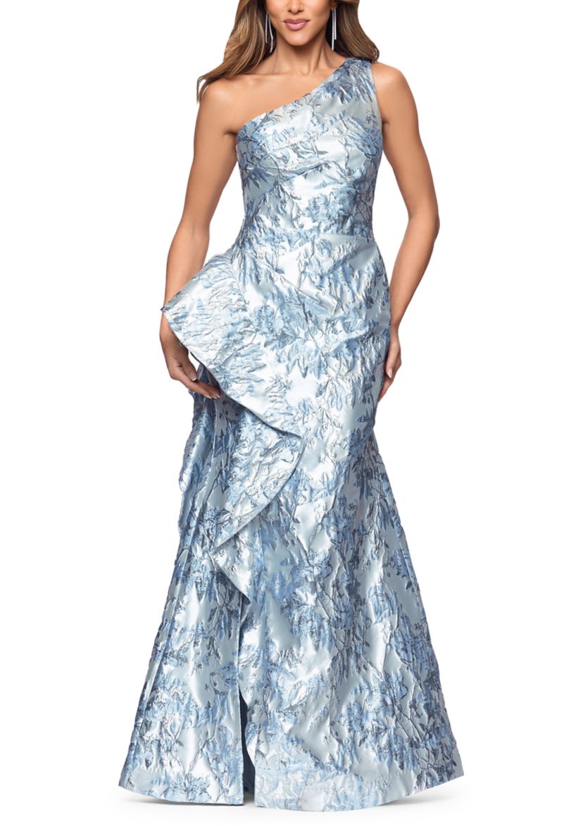 navy blue dress for baby girl Xscape Women's Metallic Draped One-Shoulder Gown - Magenta main image 0