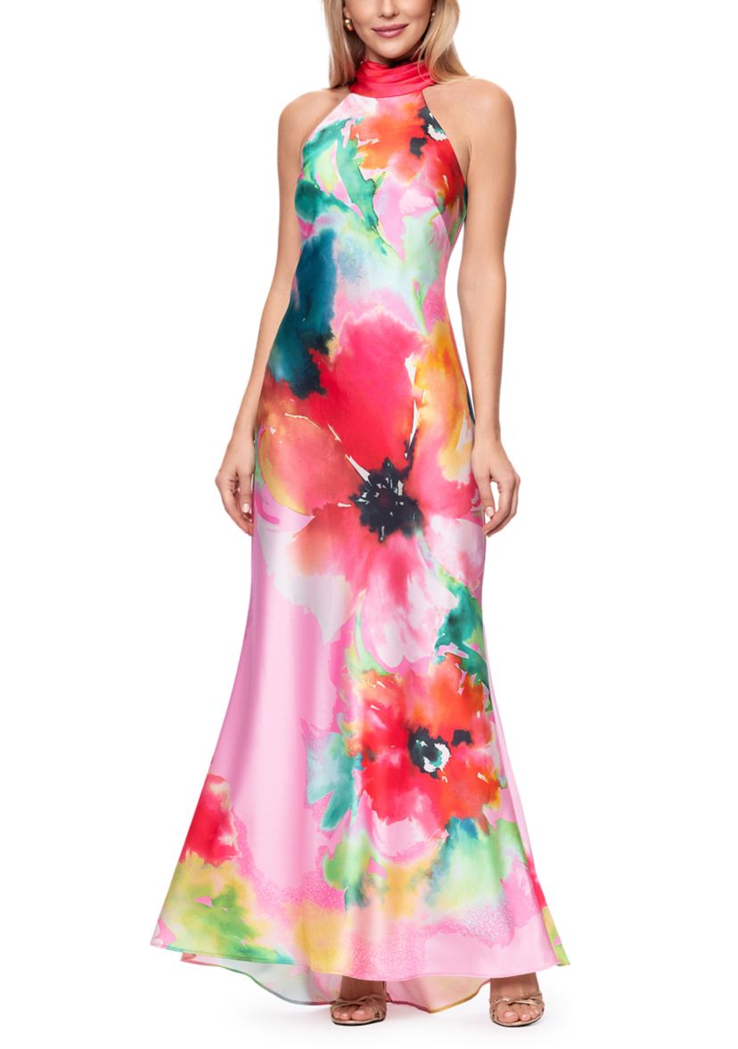 Xscape Women's Sleeveless Halter Floral Satin Gown | Belk