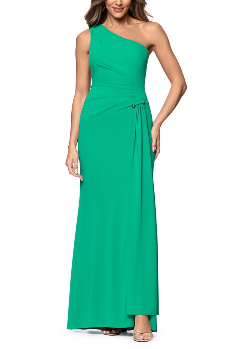Xscape Women's Off Shoulder Matte Jersey Gown with Hardware | Belk