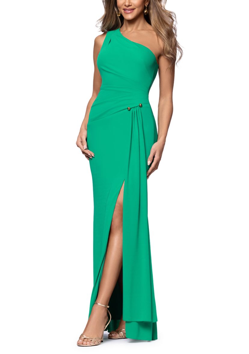 Xscape Women's Off Shoulder Matte Jersey Gown with Hardware | Belk