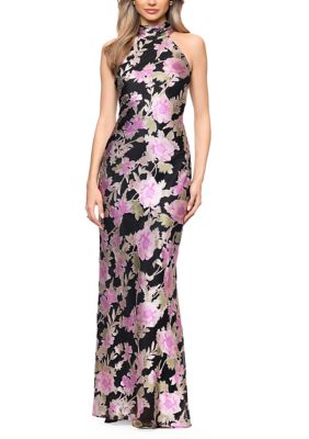 Xscape Women's Halter Mock Neck Floral Printed Burnout Gown, 10