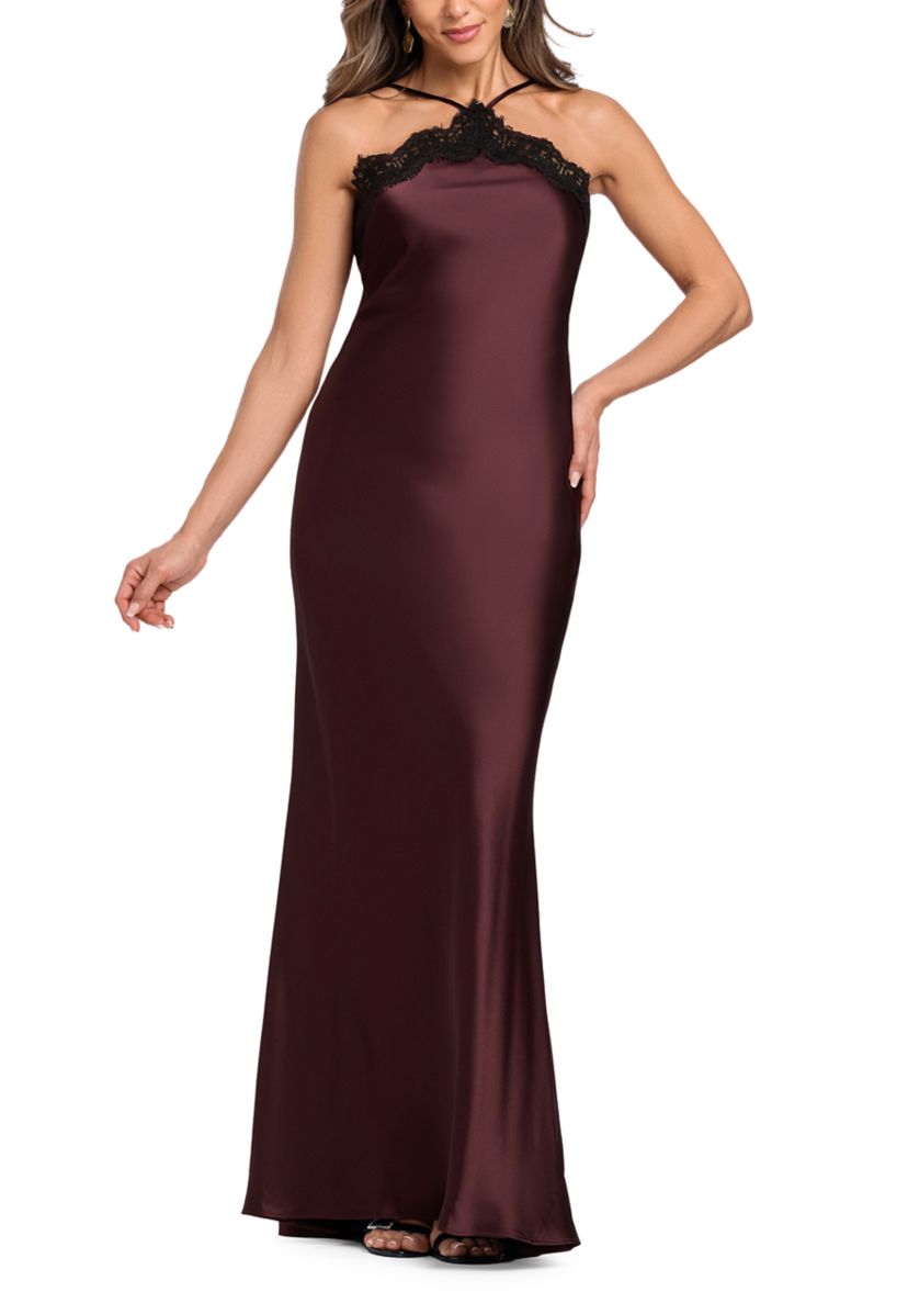 Xscape Women's Sleeveless Halter Neck Lace Satin Slip Dress