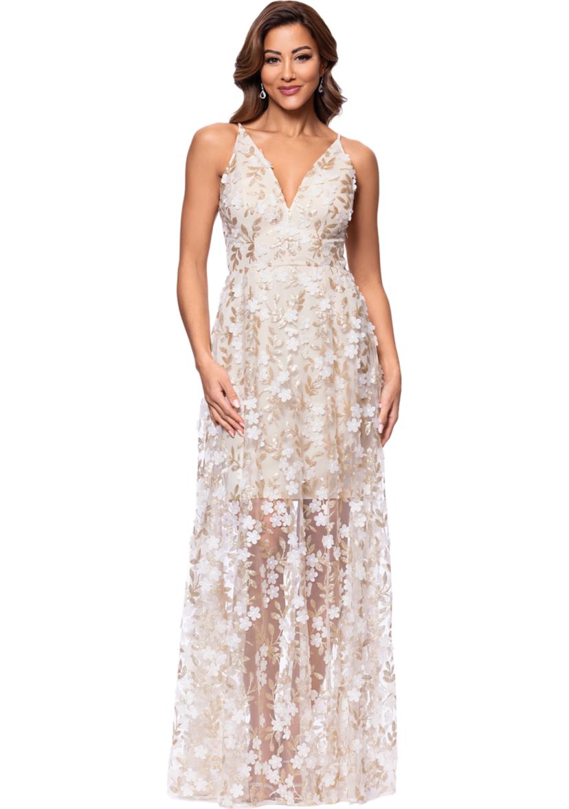 xscape floral lace dress Xscape Floral Embroidered Dress Women's Long Sleeve Rose Flower Dress
