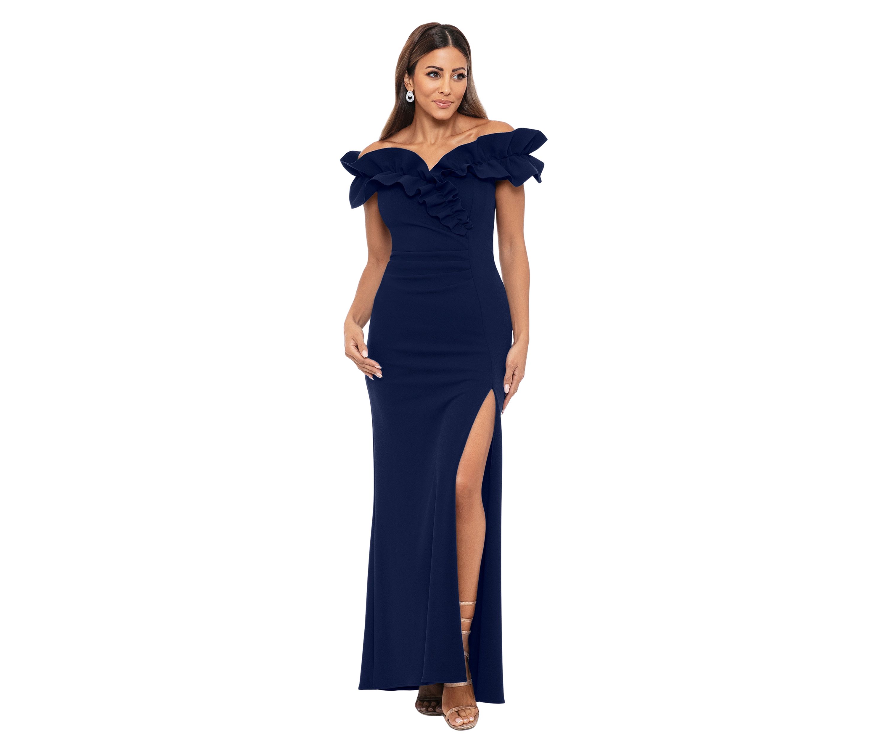 Womens Ruffle Sleeve Off the Shoulder Scuba Gown 