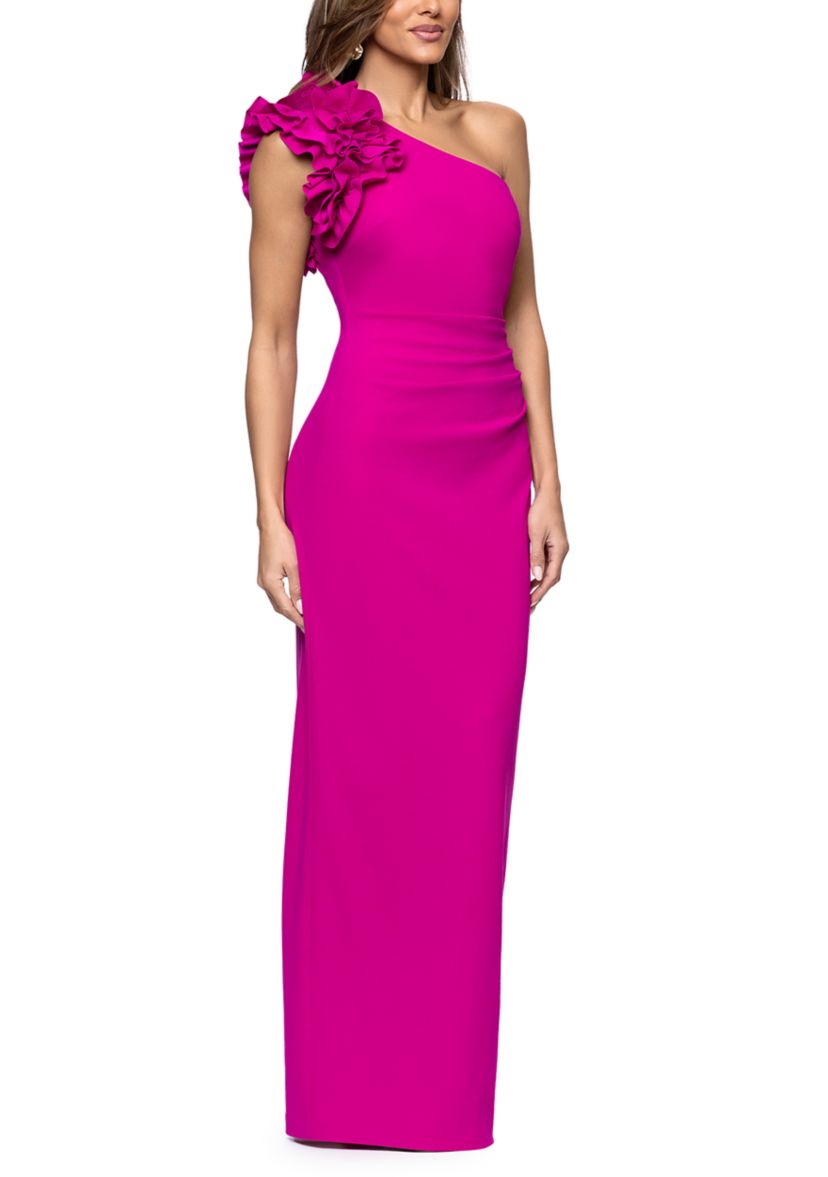 xscape one shoulder ruffle dress Xscape Petite One Shoulder A-Line Long Dress - Neo Emerald