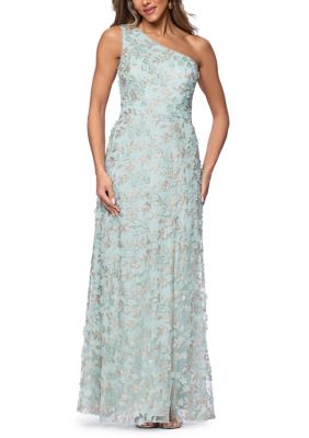 green emerald velvet dress Xscape Evenings One-Shoulder Ruffled Fit & Flare Dress 4795X