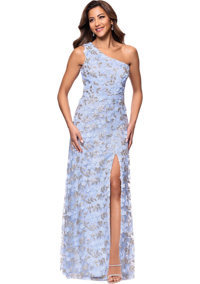 Womens Sleeveless Asymmetrical Floral Print Gown 