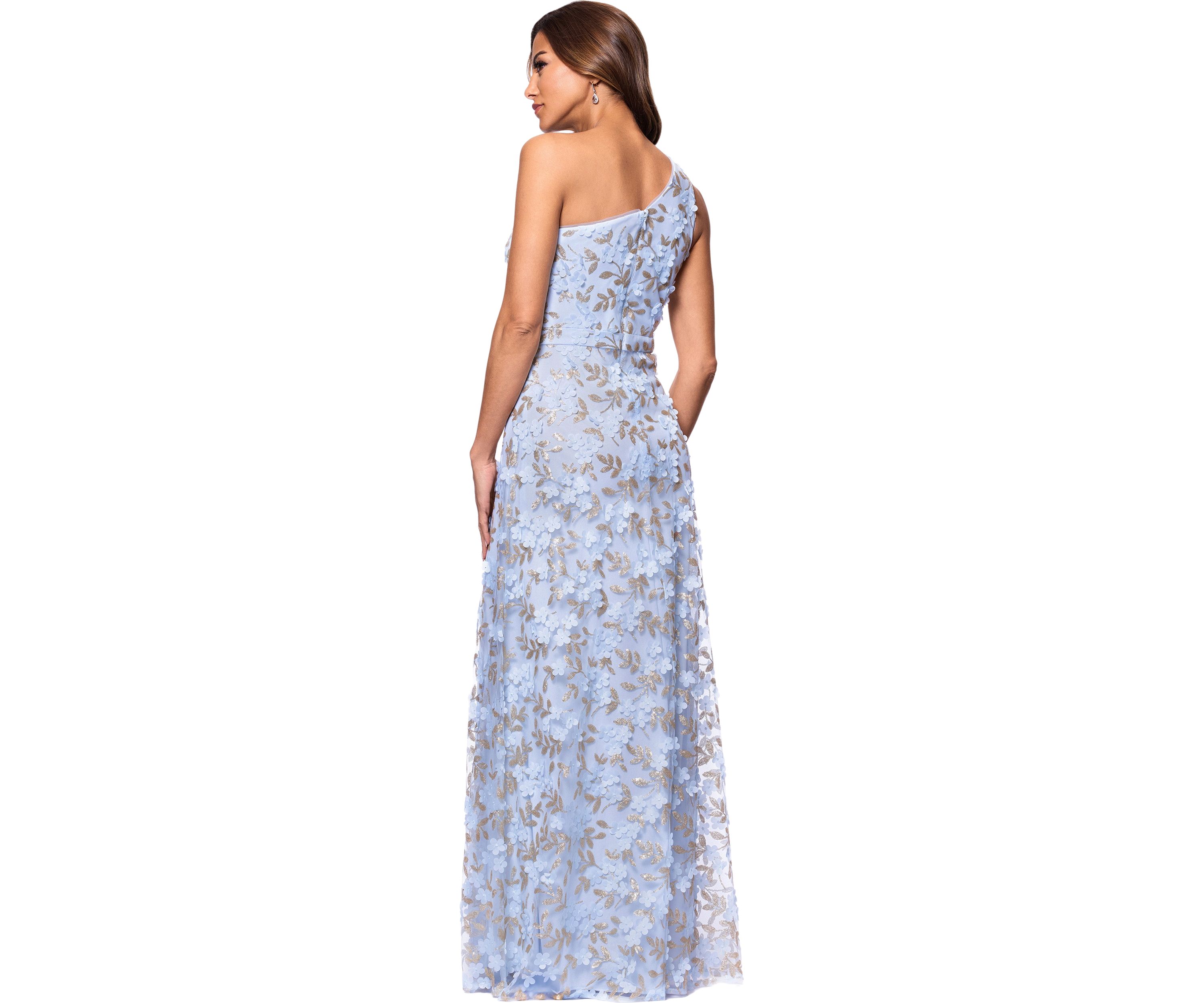Womens Sleeveless Asymmetrical Floral Print Gown 
