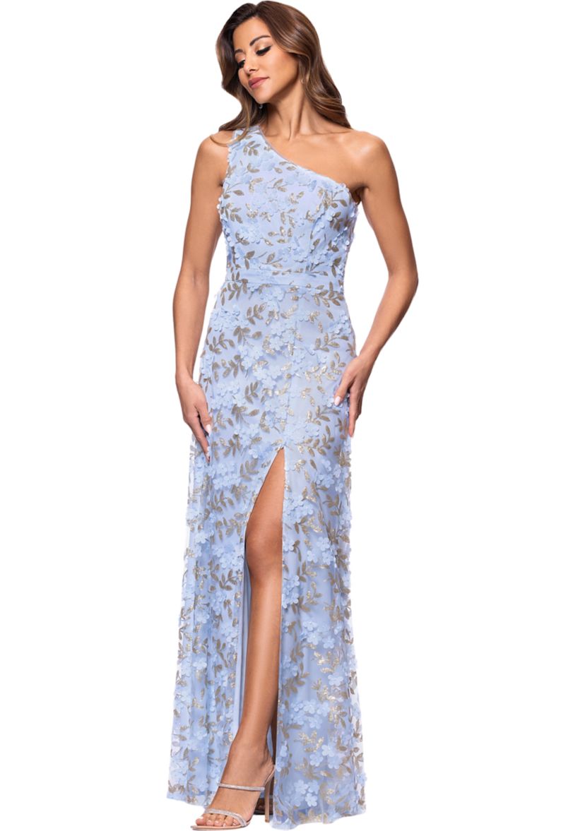 Womens Sleeveless Asymmetrical Floral Print Gown 