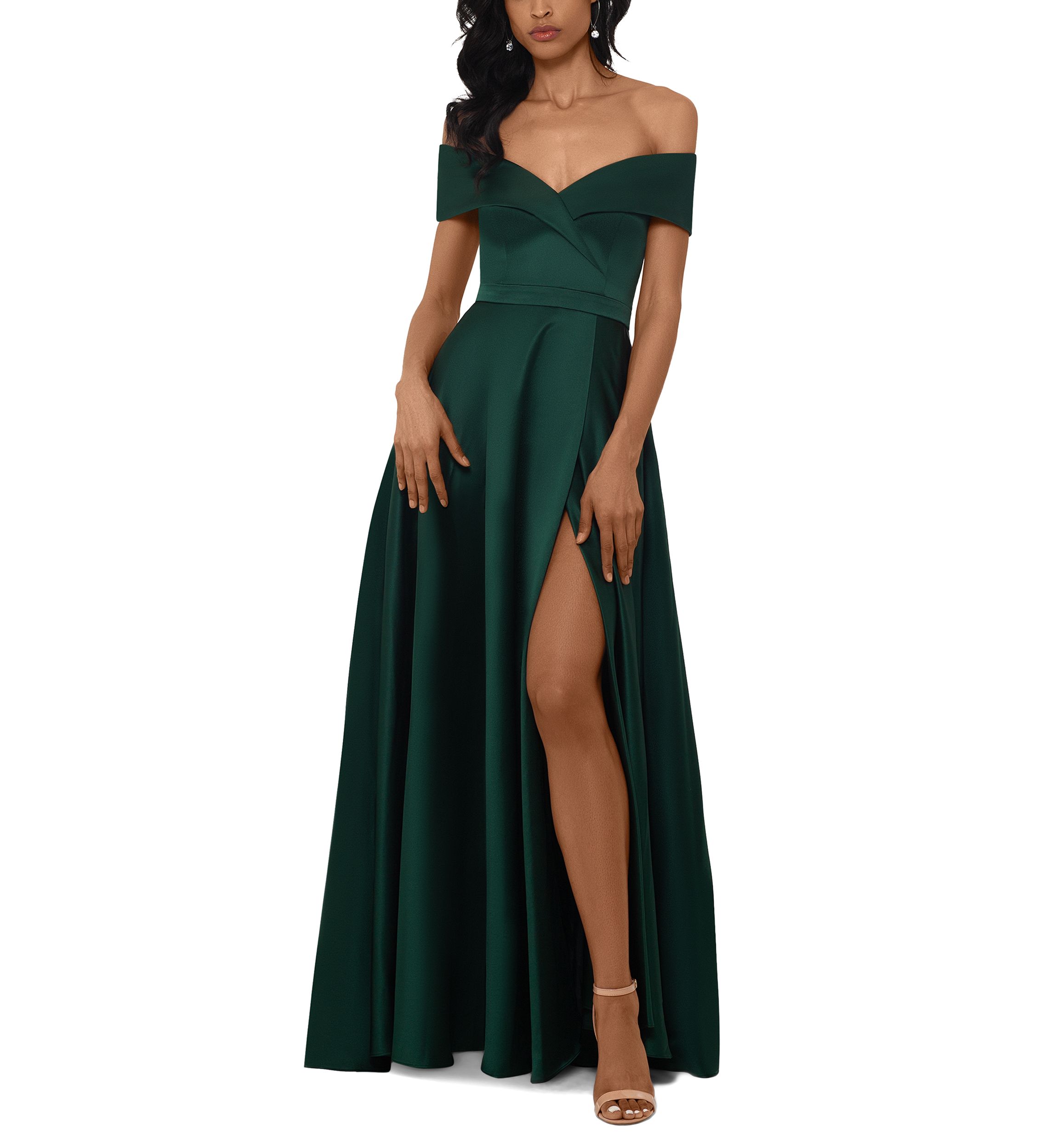 Womens Short Sleeve Off the Shoulder Satin Ballgown