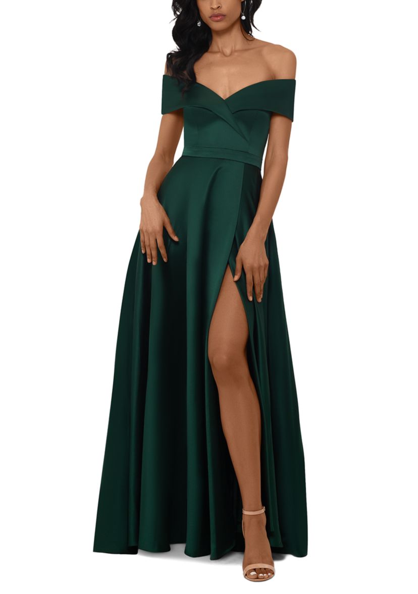 Womens Short Sleeve Off the Shoulder Satin Ballgown