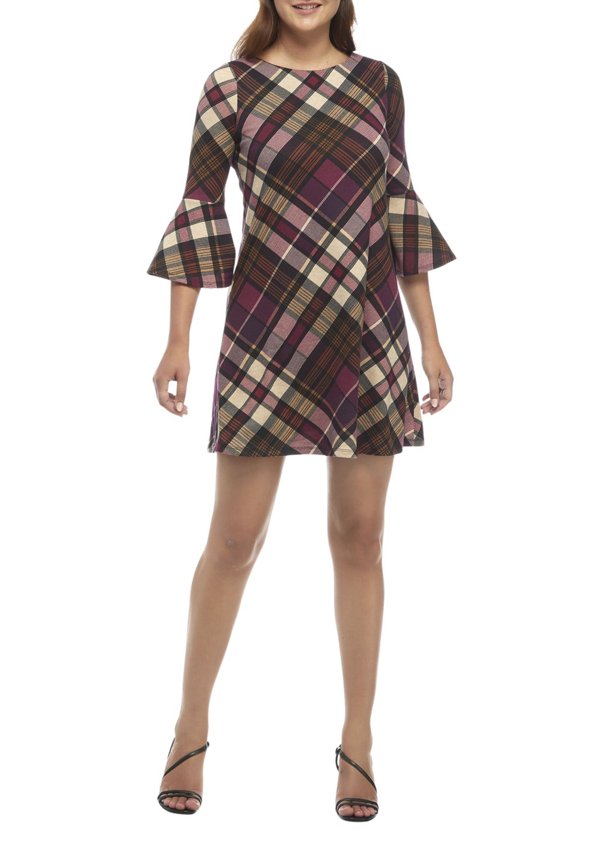 Womens Bell Sleeve Plaid Dress 