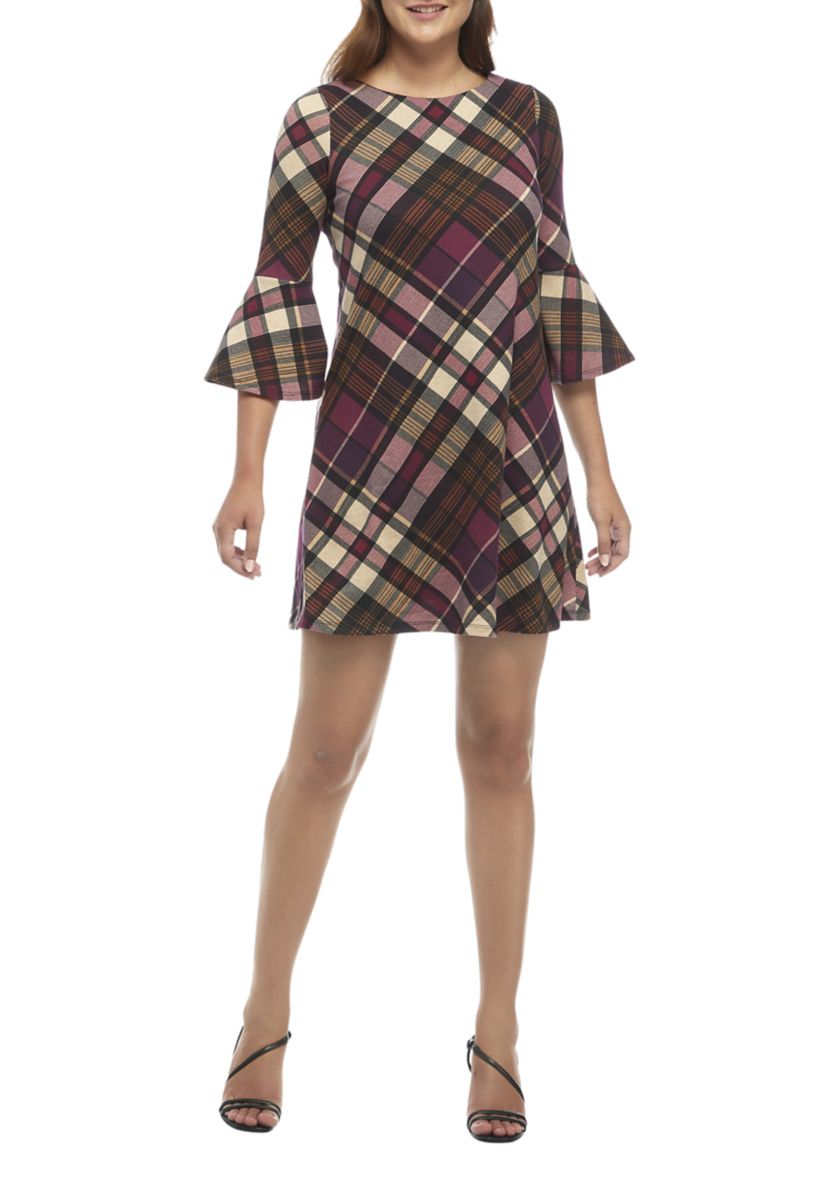 Womens Bell Sleeve Plaid Dress 