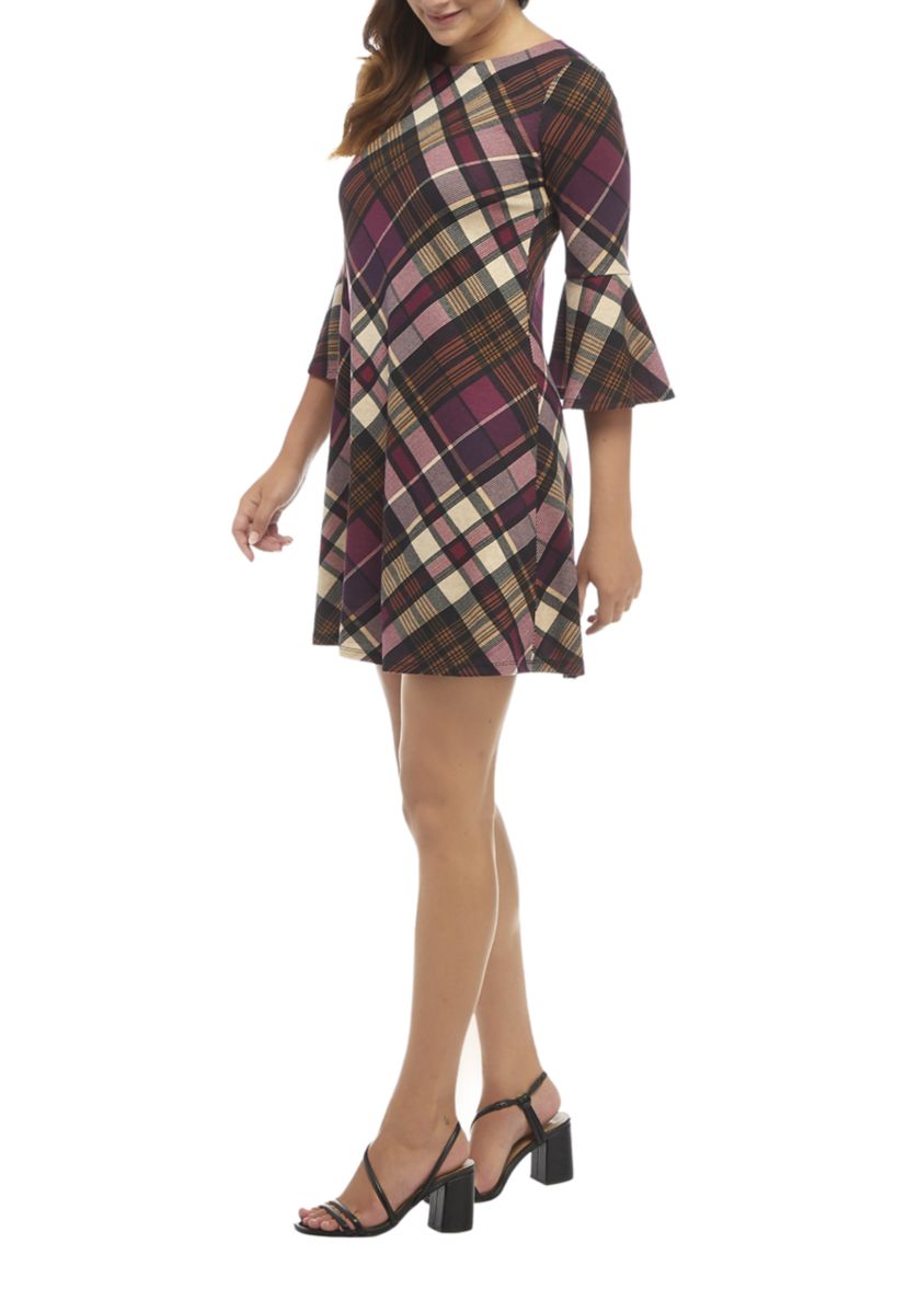 Womens Bell Sleeve Plaid Dress 