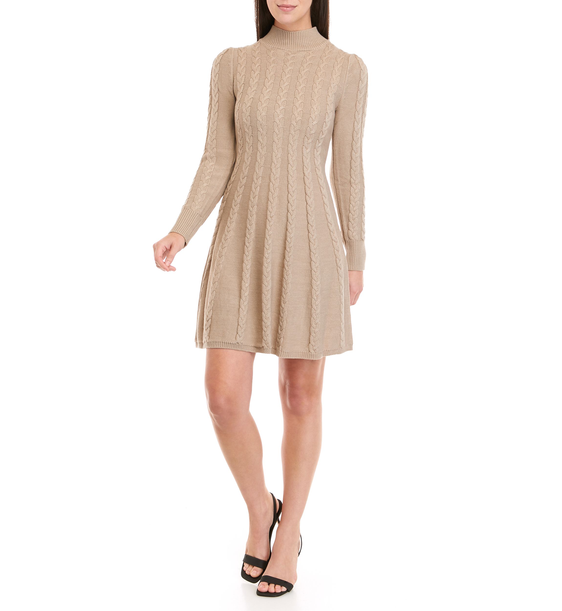 Womens Long Sleeve Mock Neck Cable Fit and Flare Sweater Dress