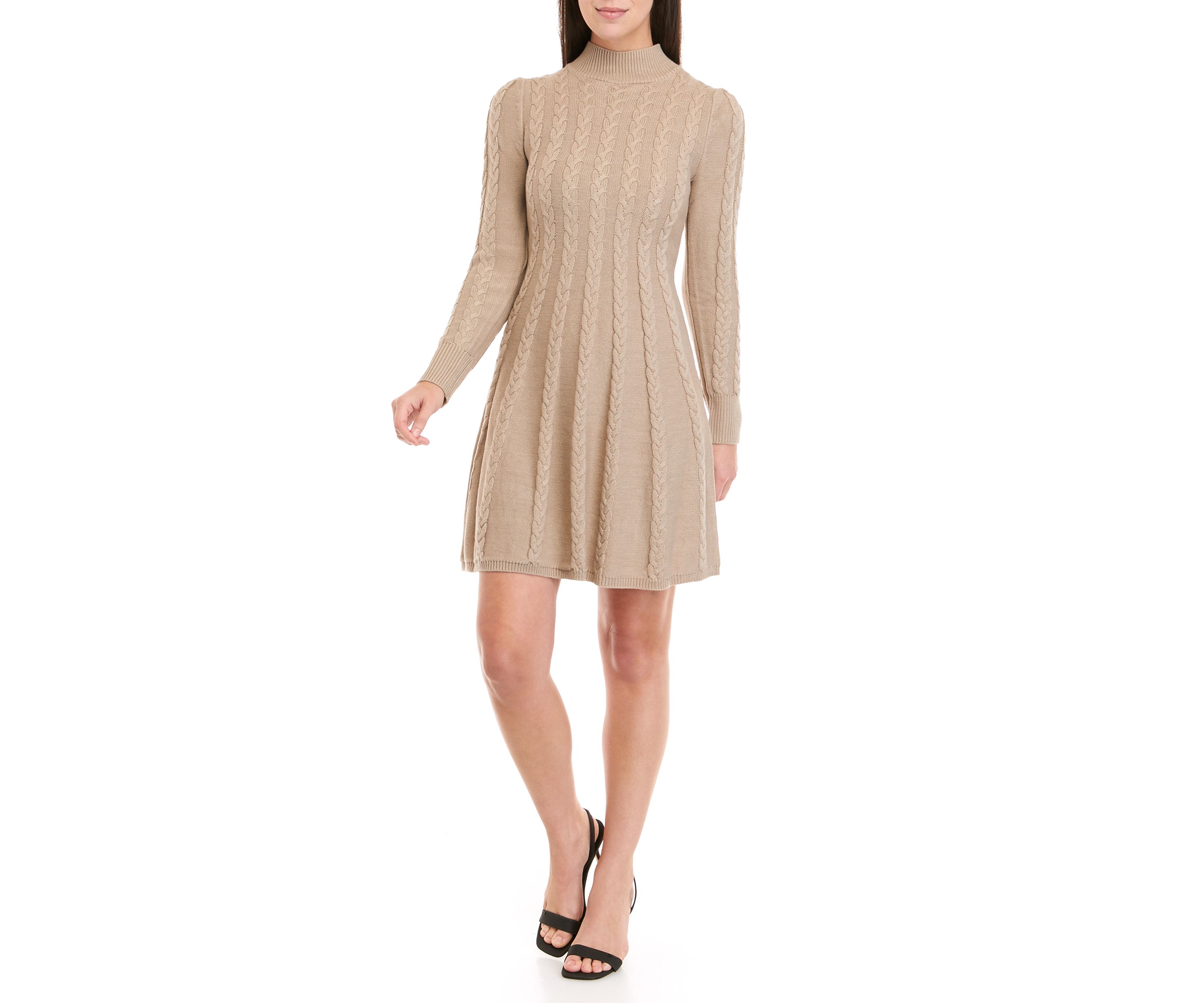 Womens Long Sleeve Mock Neck Cable Fit and Flare Sweater Dress