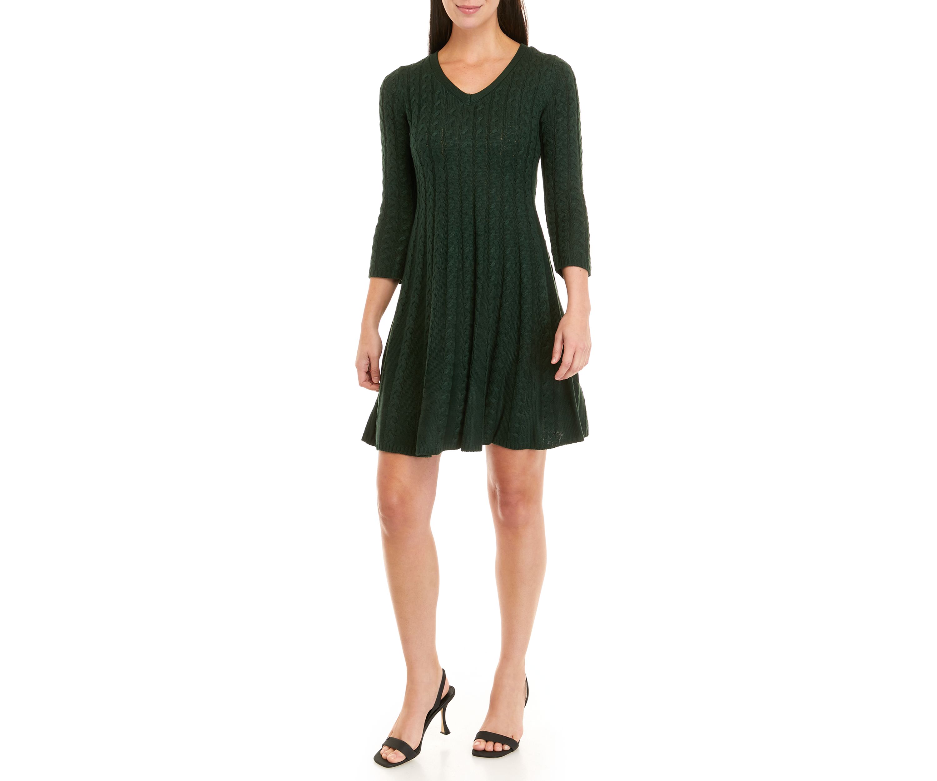 Womens 3/4 Sleeve V-Neck Cable Fit and Flare Sweater Dress