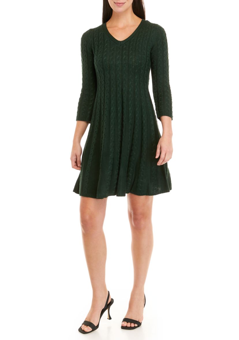 Womens 3/4 Sleeve V-Neck Cable Fit and Flare Sweater Dress