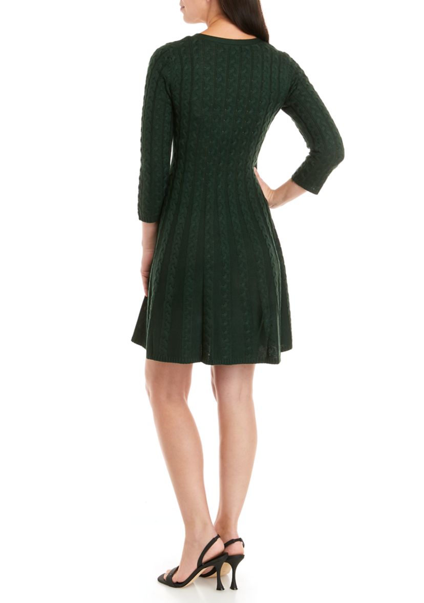 Womens 3/4 Sleeve V-Neck Cable Fit and Flare Sweater Dress