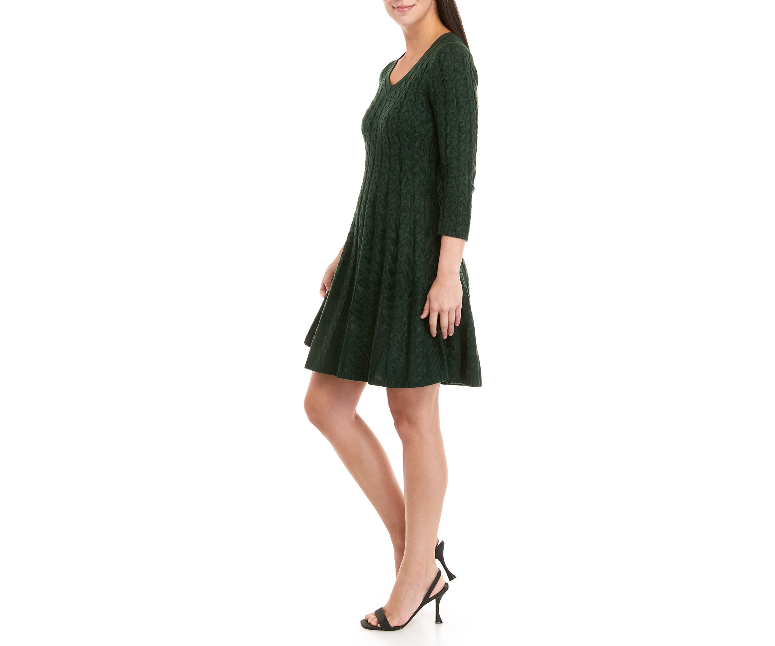 Womens 3/4 Sleeve V-Neck Cable Fit and Flare Sweater Dress