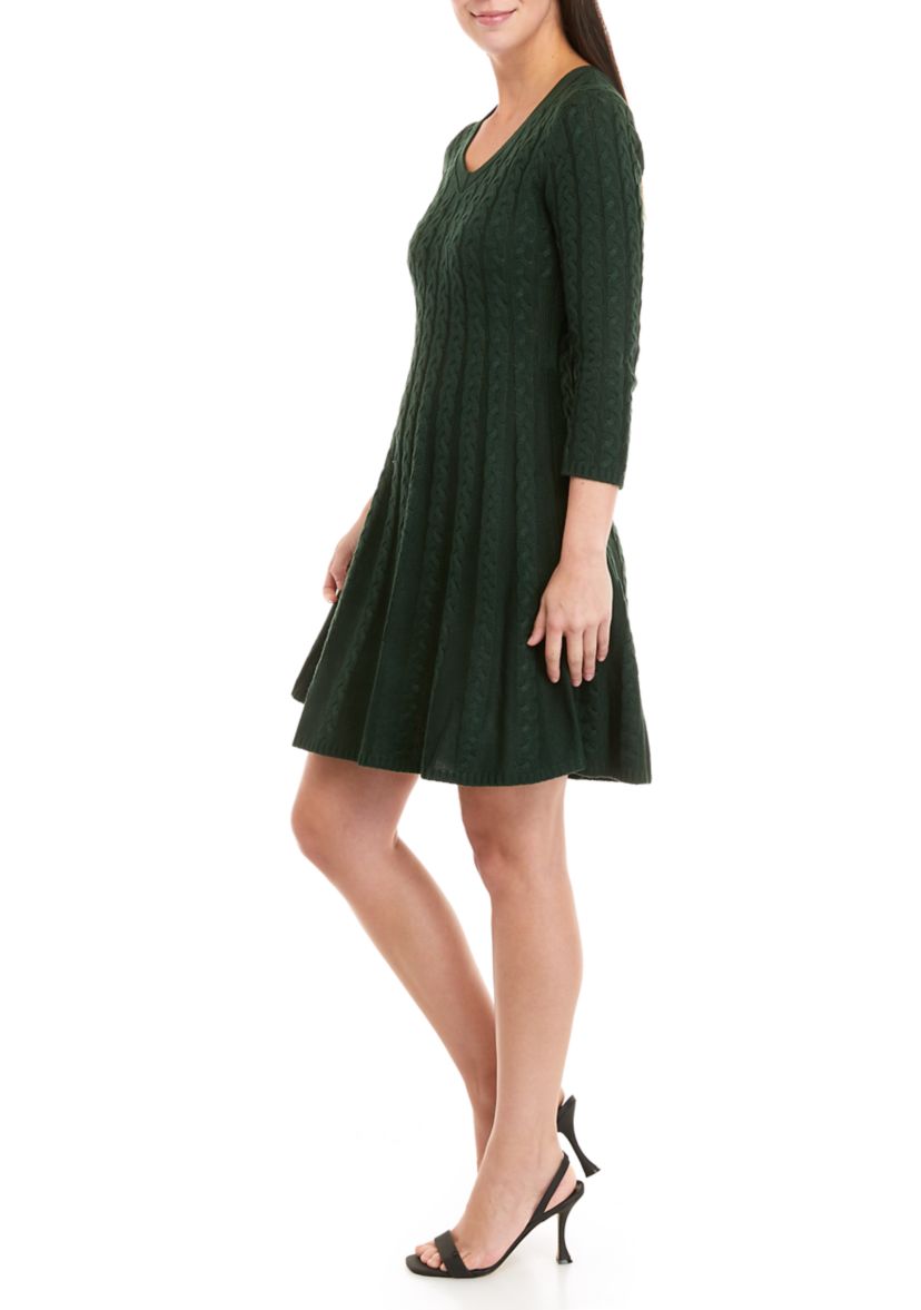 Womens 3/4 Sleeve V-Neck Cable Fit and Flare Sweater Dress