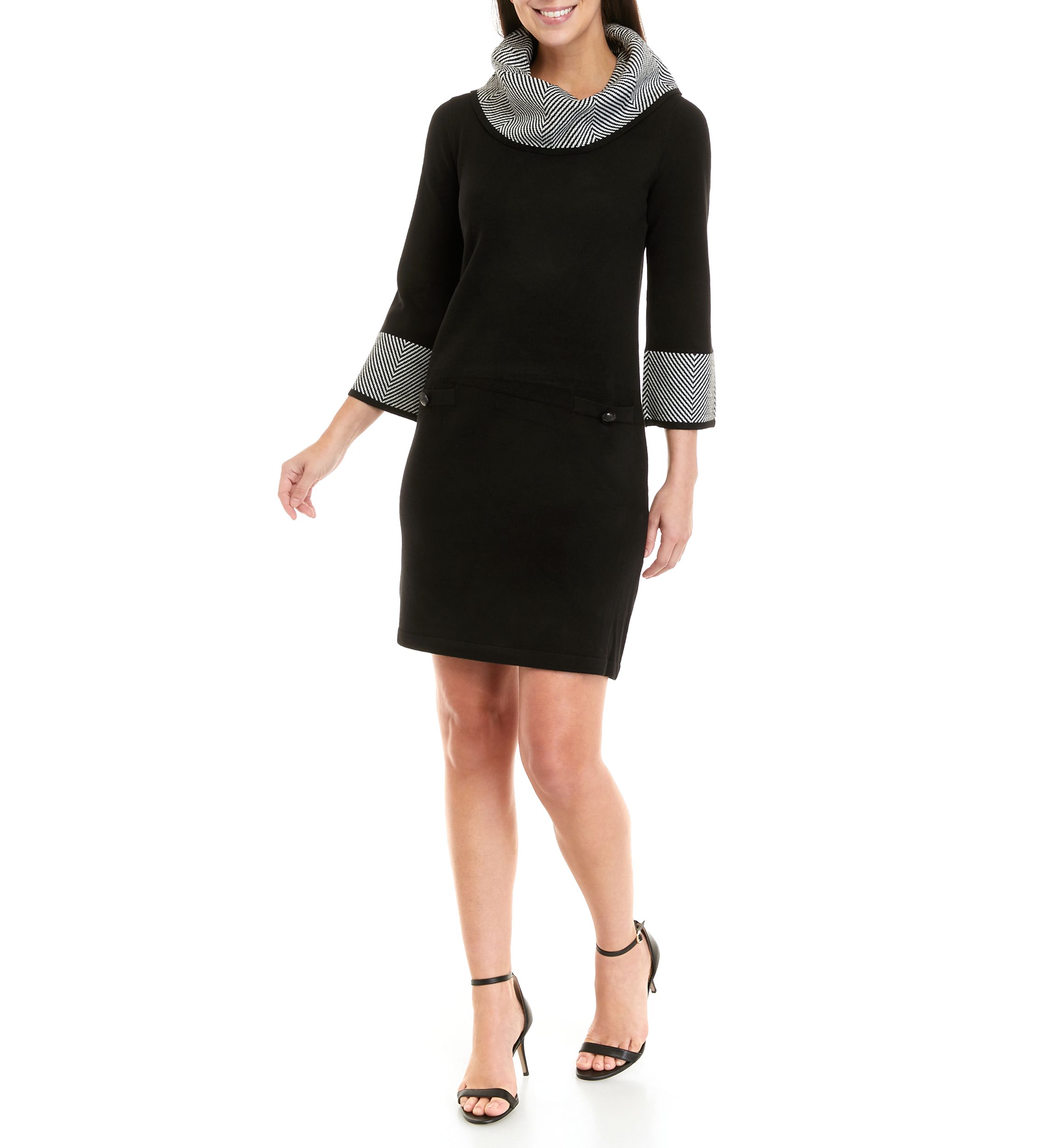 Womens 3/4 Sleeve Cowl Neck Geometric Border Sweater Sheath Dress