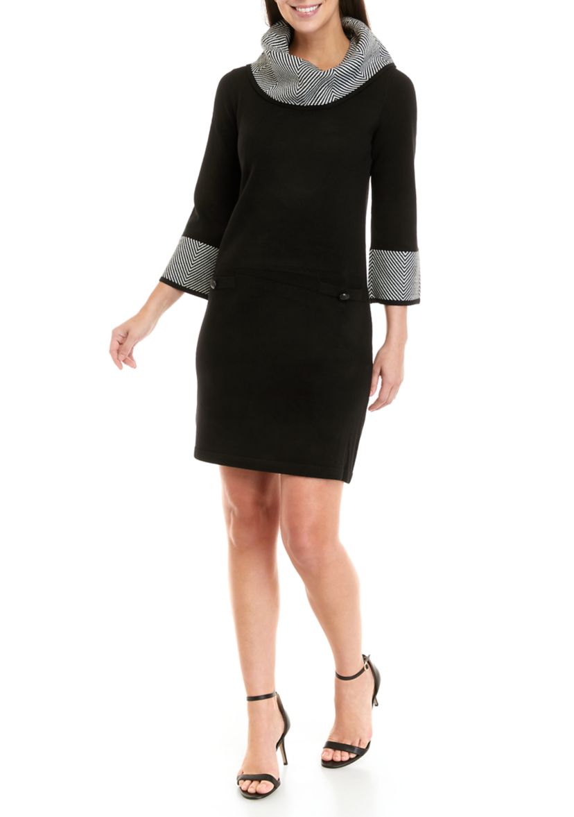 Womens 3/4 Sleeve Cowl Neck Geometric Border Sweater Sheath Dress