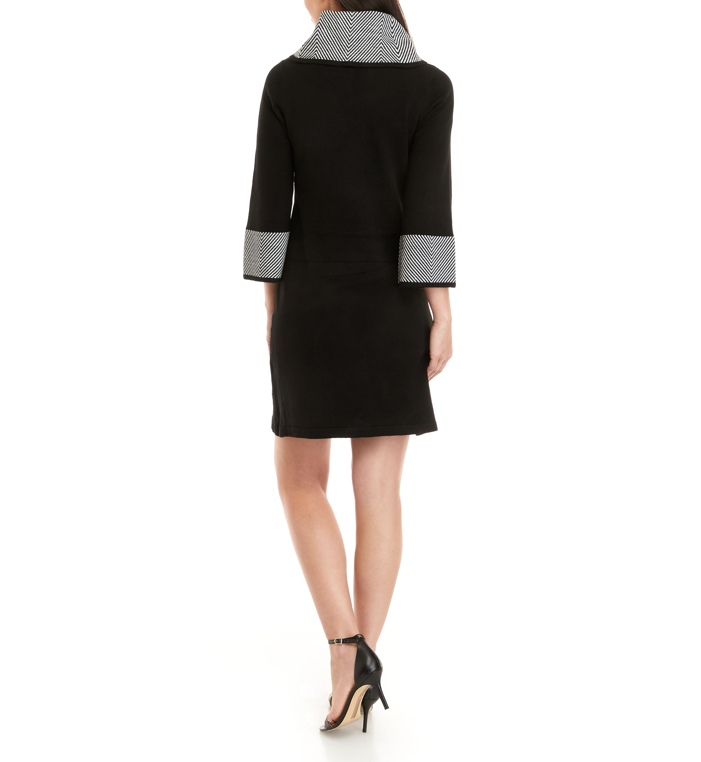 Womens 3/4 Sleeve Cowl Neck Geometric Border Sweater Sheath Dress