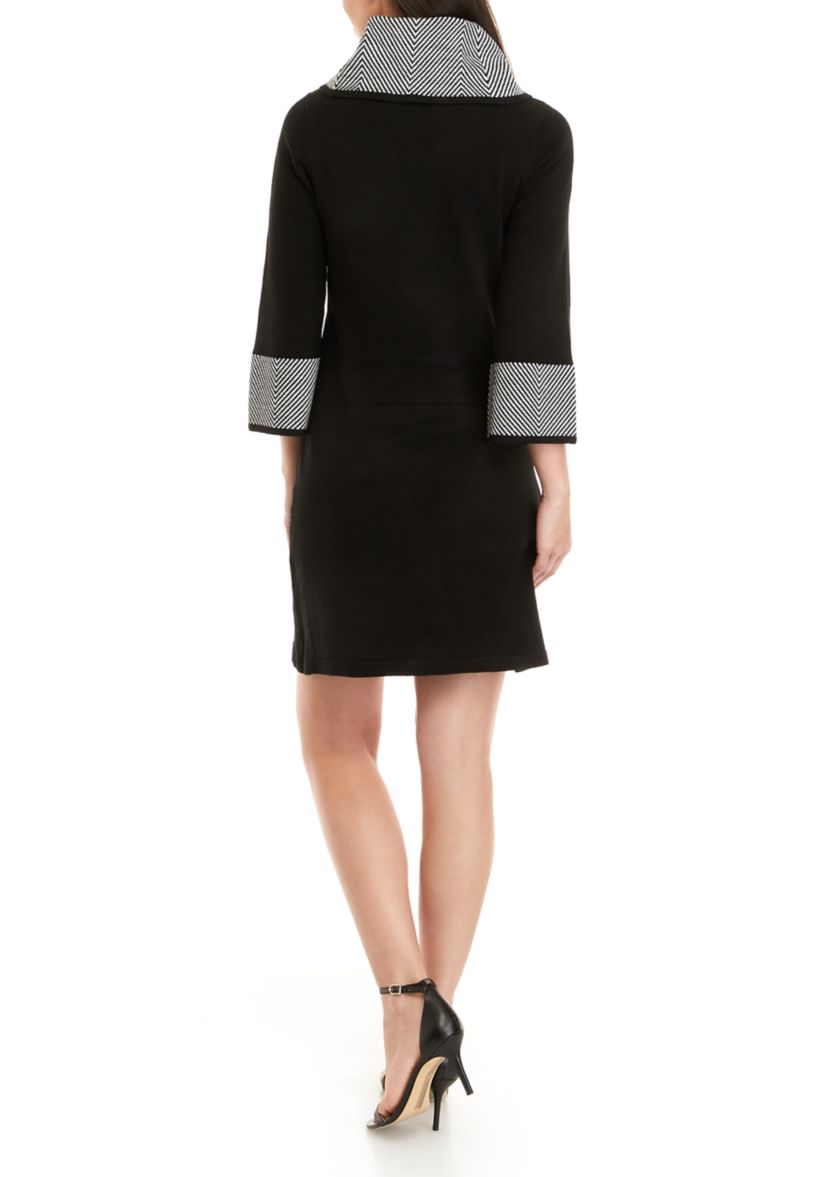 Womens 3/4 Sleeve Cowl Neck Geometric Border Sweater Sheath Dress