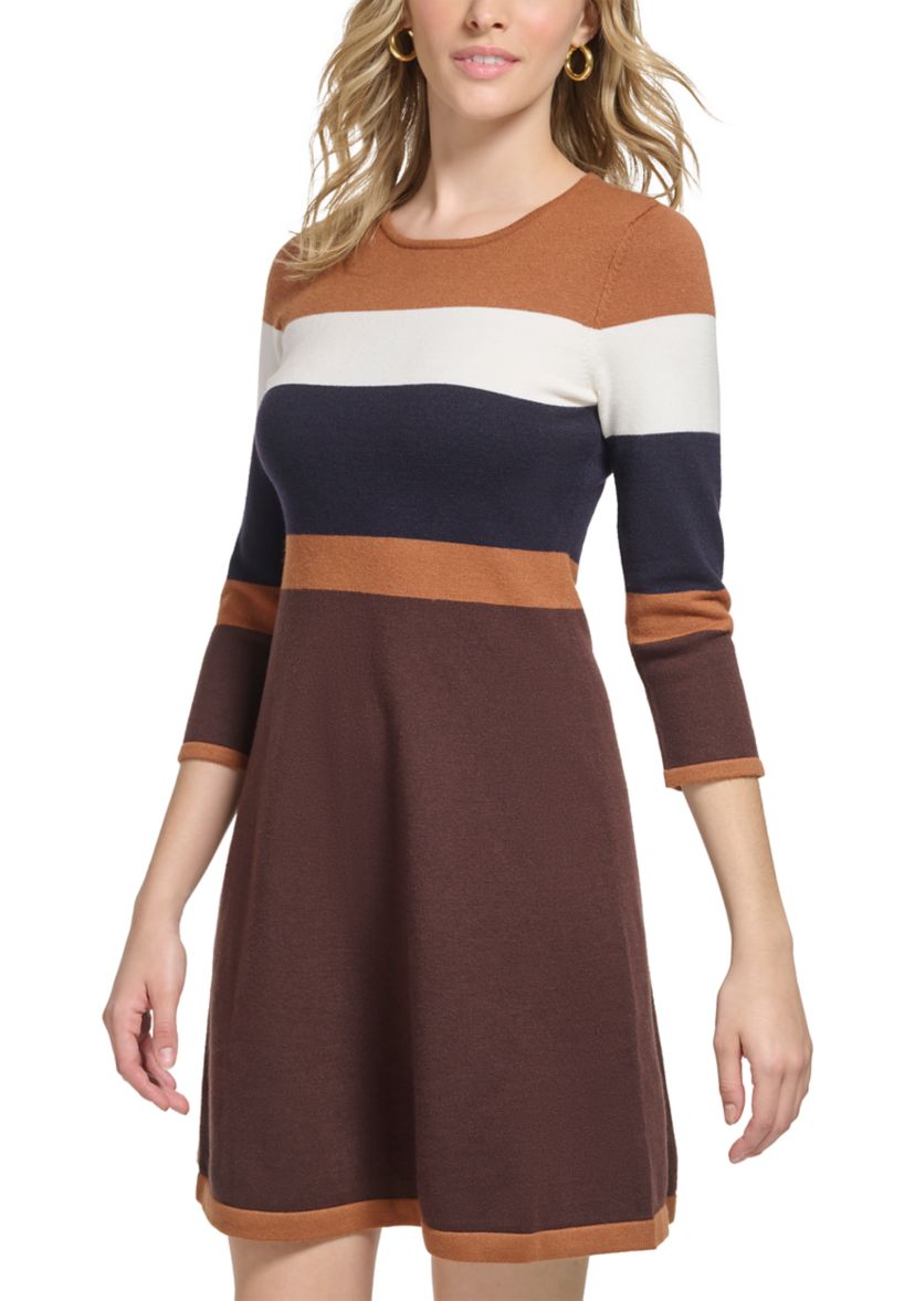 Womens Long Sleeve Color Block Sweater Dress