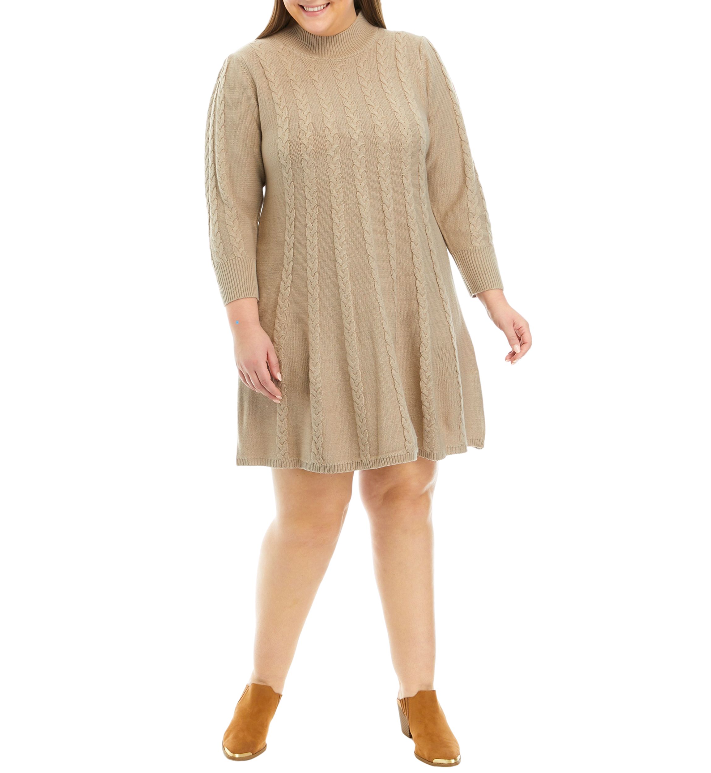 Plus Size Long Sleeve Mock Neck Solid Cable Sweater Dress