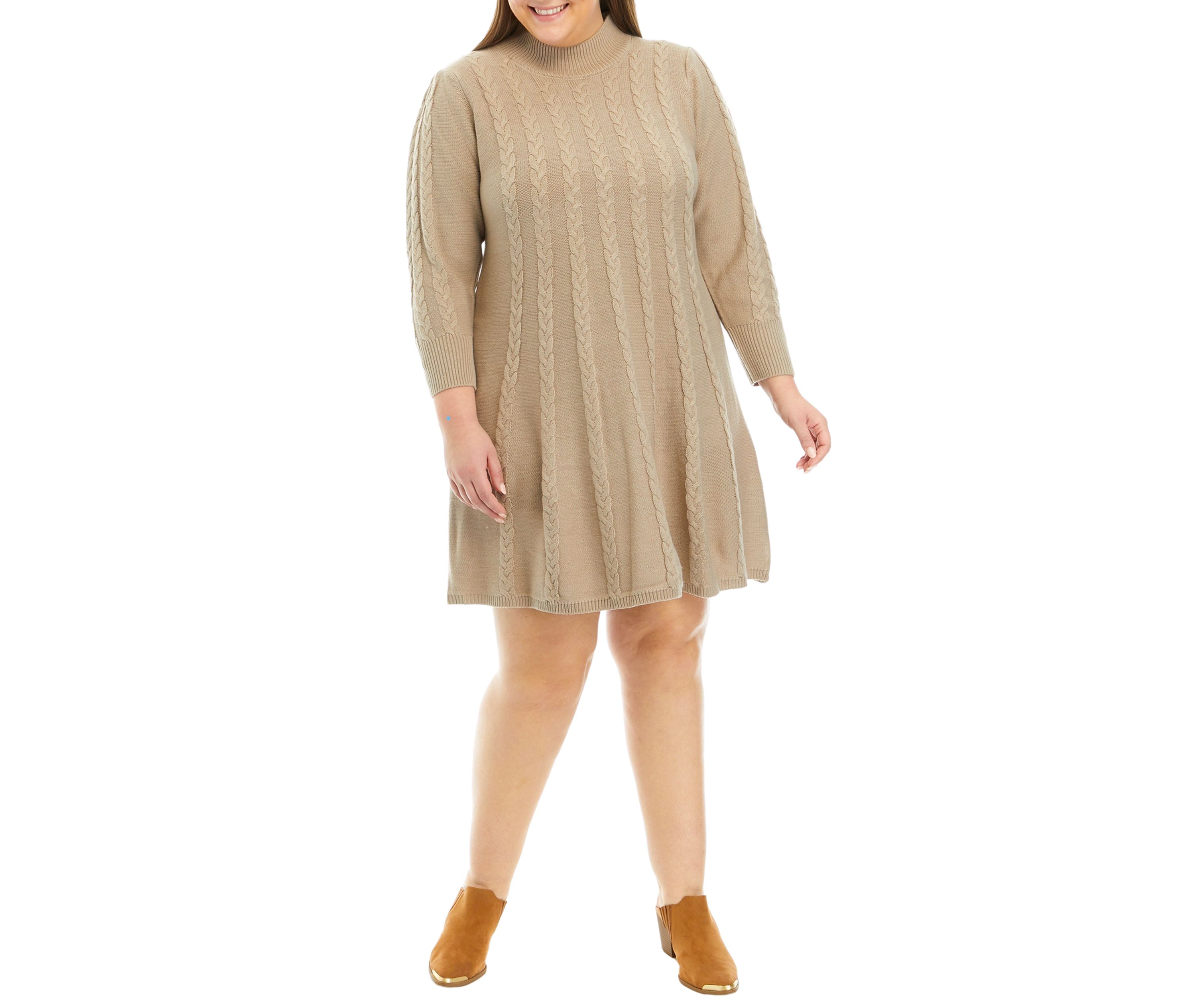 Plus Size Long Sleeve Mock Neck Solid Cable Sweater Dress