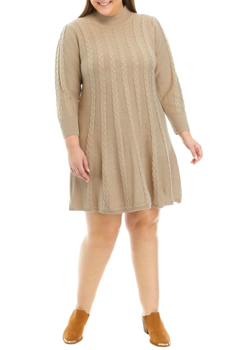 Plus Size Long Sleeve Mock Neck Solid Cable Sweater Dress