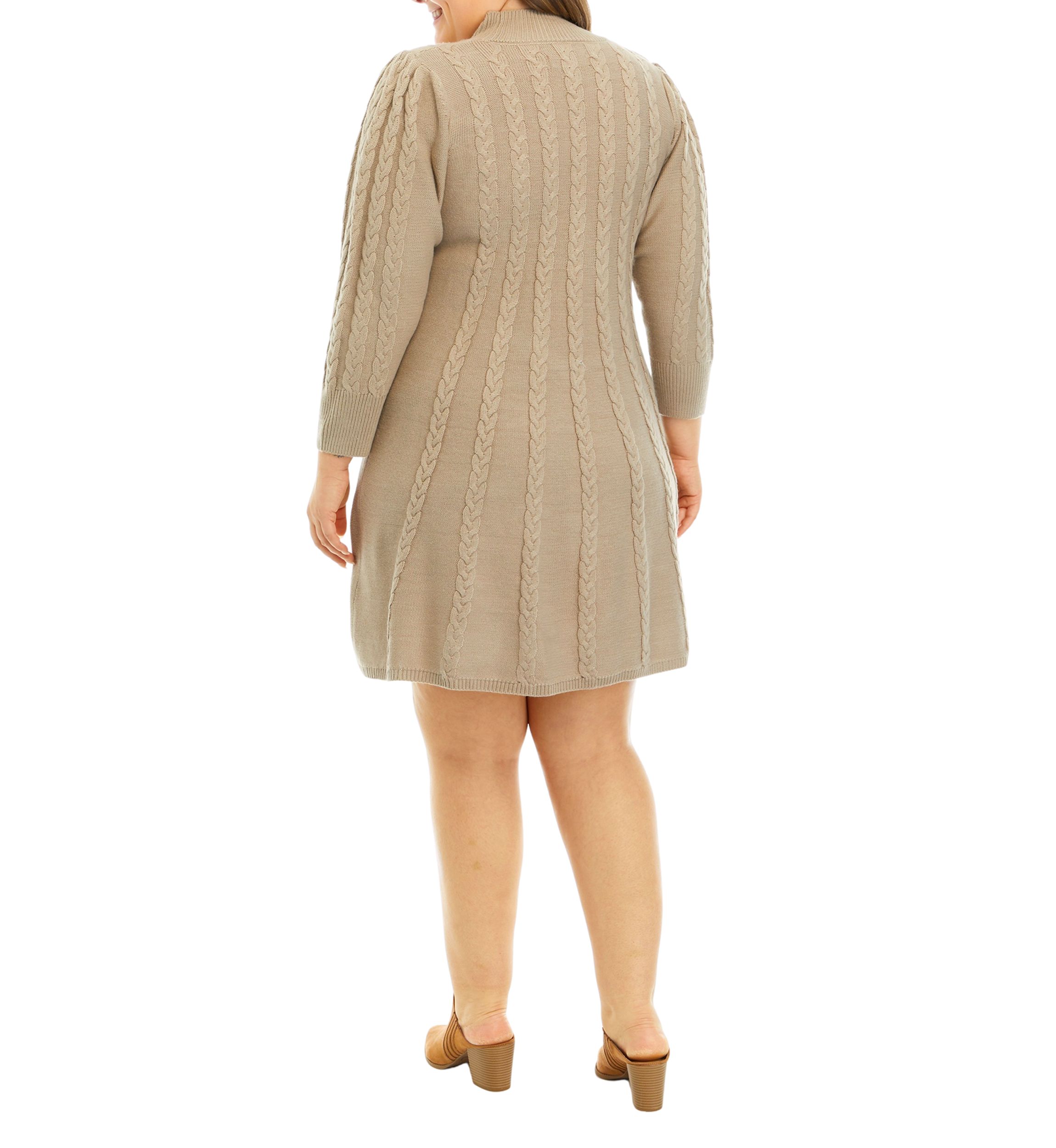 Plus Size Long Sleeve Mock Neck Solid Cable Sweater Dress