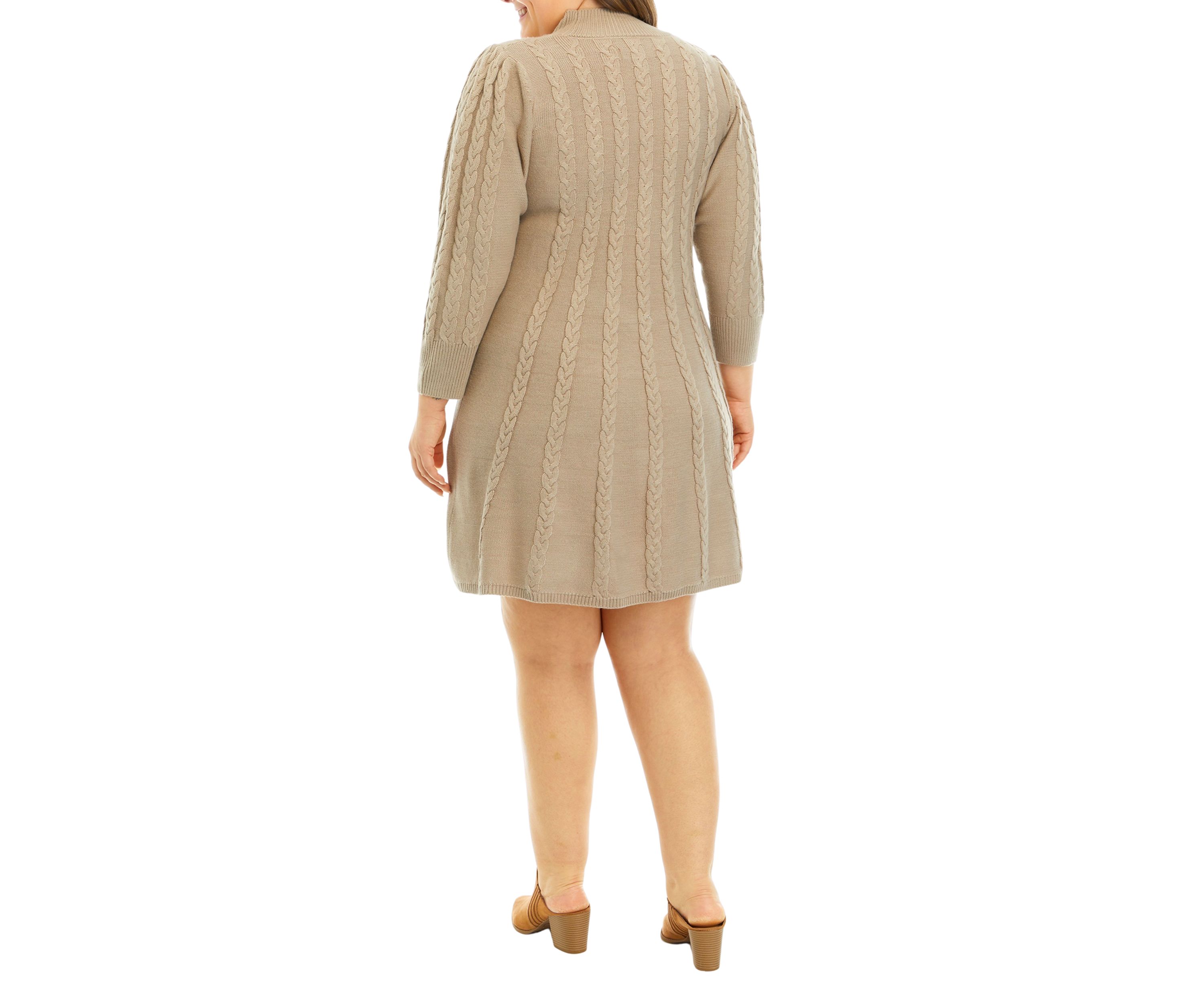 Plus Size Long Sleeve Mock Neck Solid Cable Sweater Dress