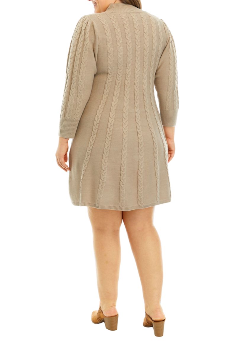 Plus Size Long Sleeve Mock Neck Solid Cable Sweater Dress