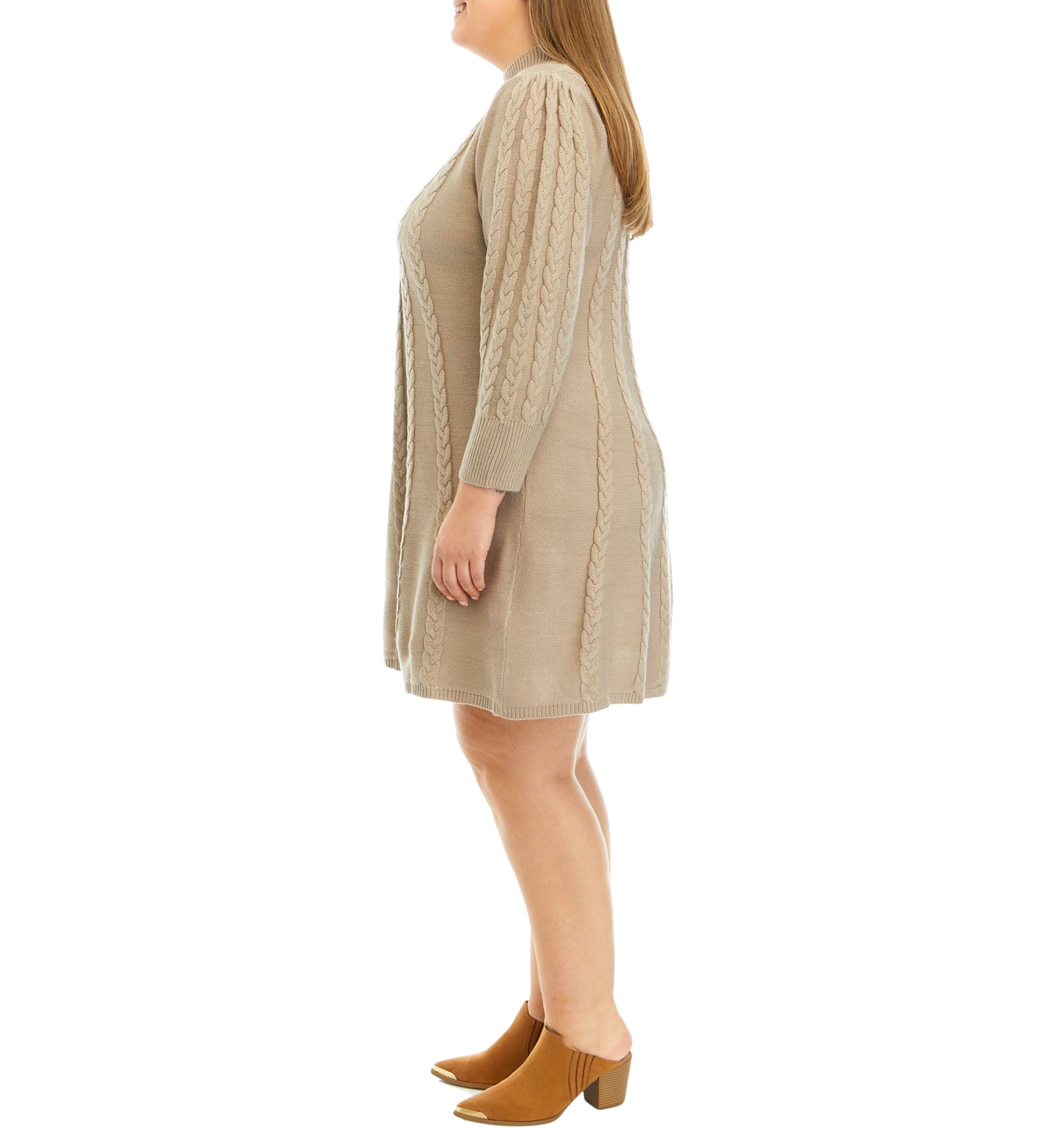Plus Size Long Sleeve Mock Neck Solid Cable Sweater Dress
