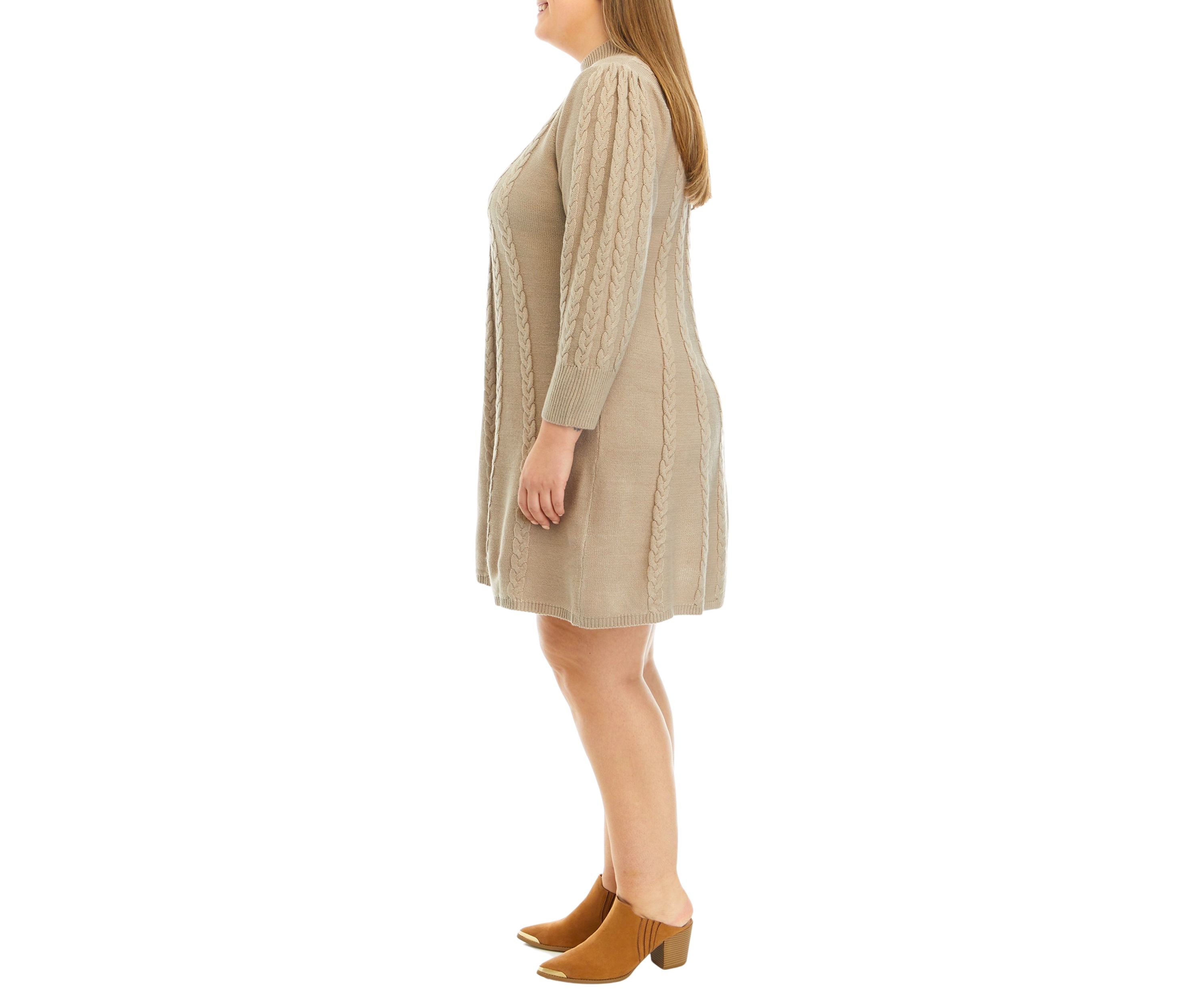 Plus Size Long Sleeve Mock Neck Solid Cable Sweater Dress
