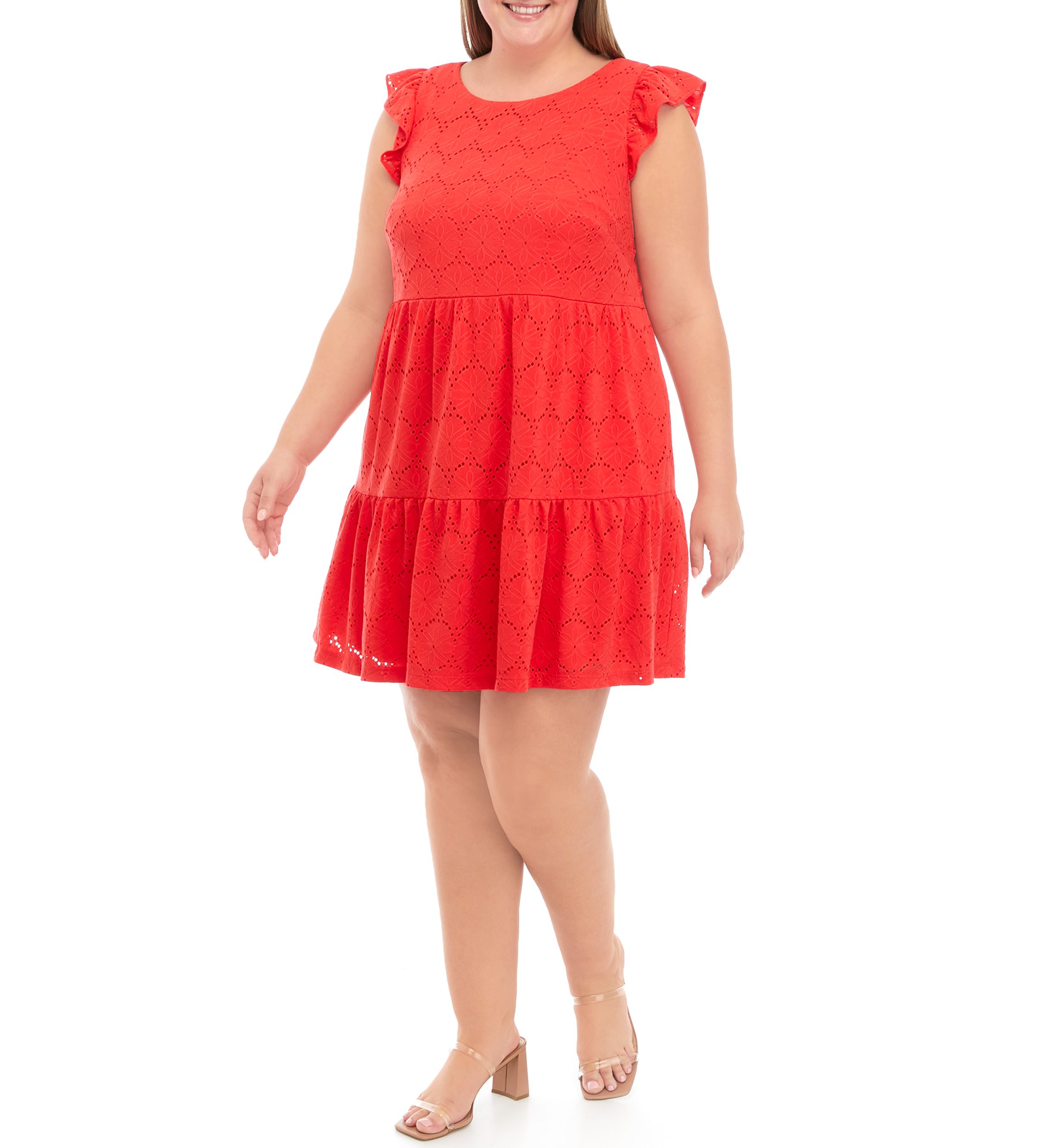 Plus Size Knit Eyelet Flutter Sleeve Babydoll Dress
