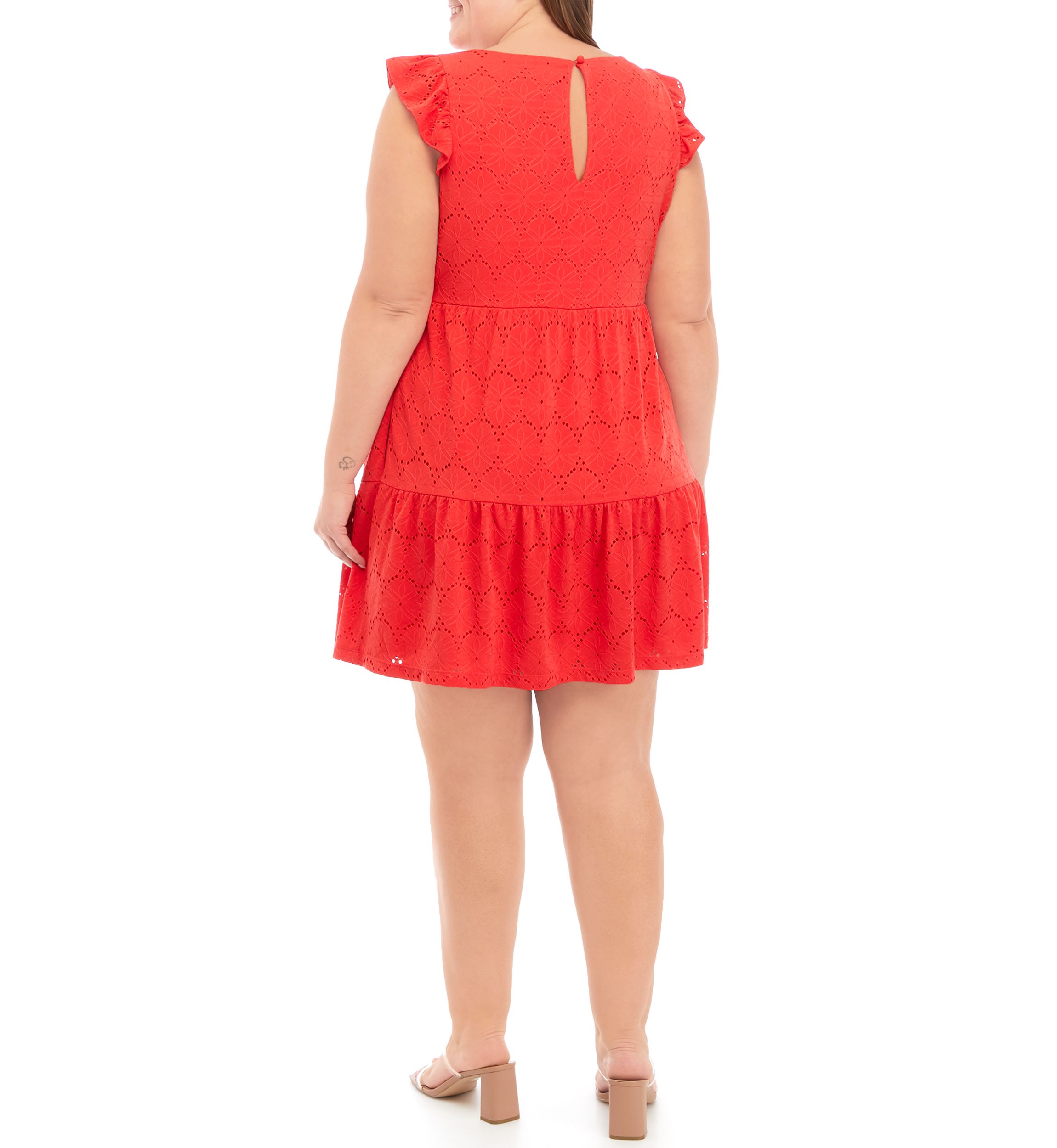 Plus Size Knit Eyelet Flutter Sleeve Babydoll Dress