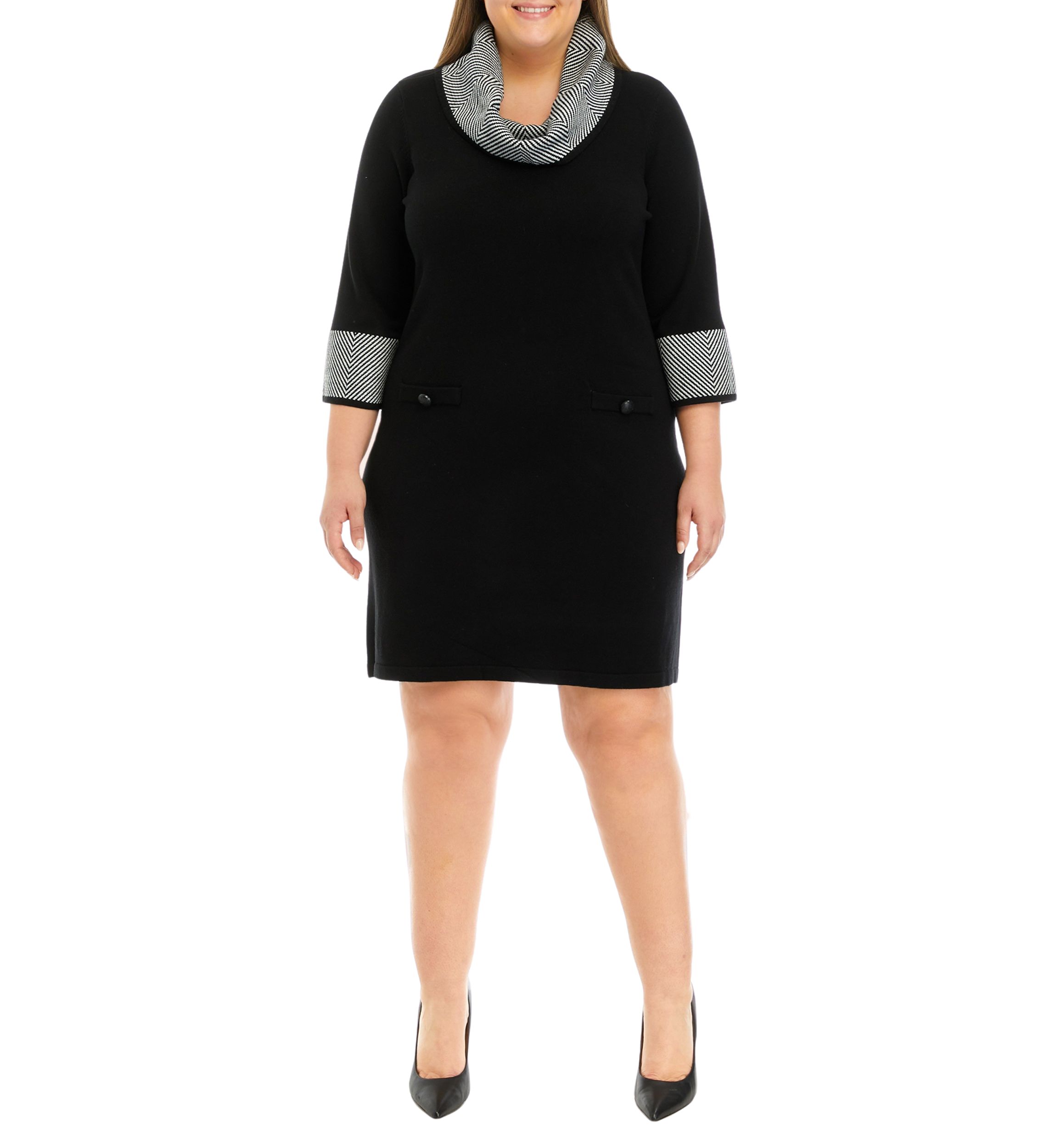 Plus Size 3/4 Sleeve Border Cowl Neck Sweater Dress