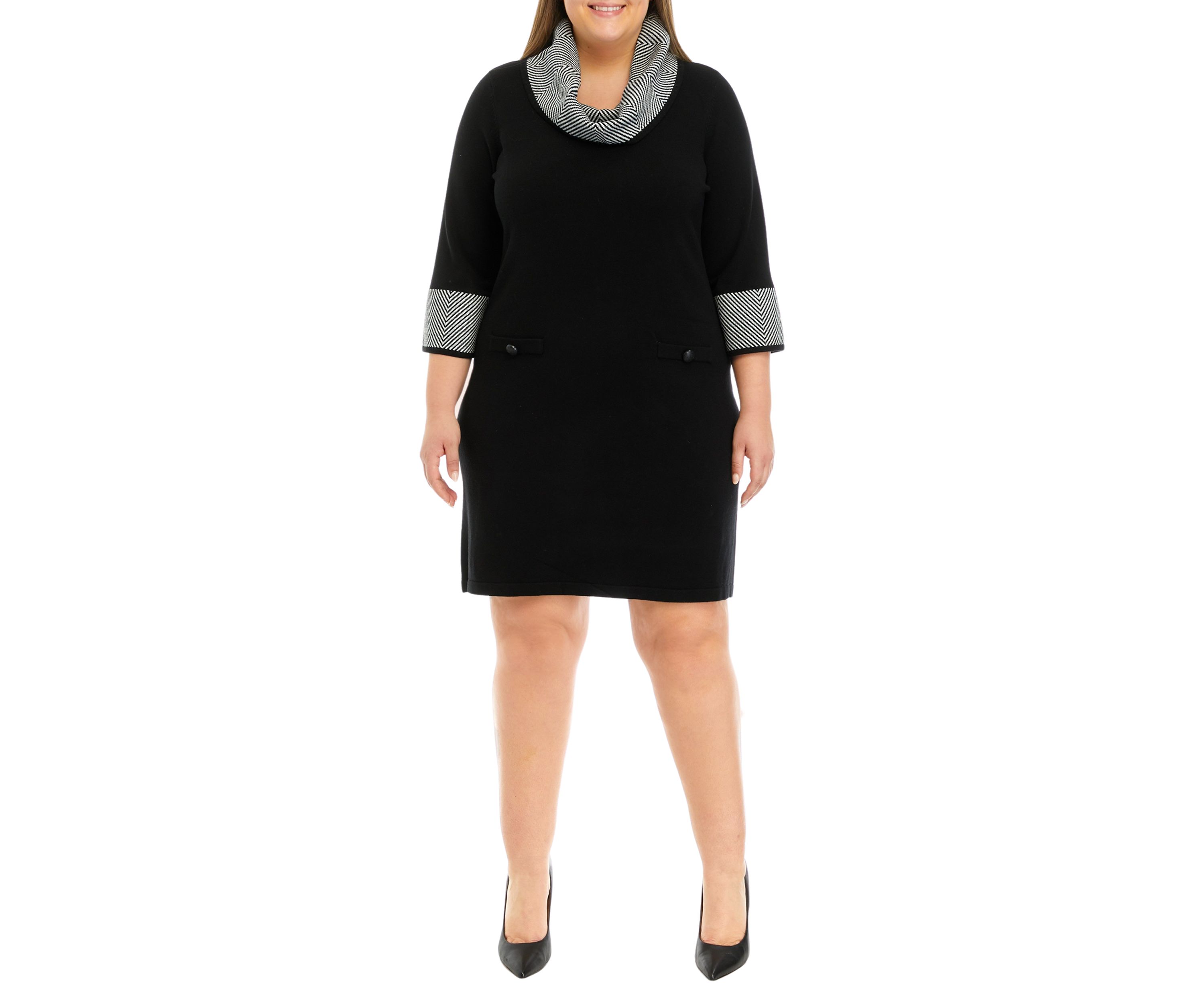 Plus Size 3/4 Sleeve Border Cowl Neck Sweater Dress