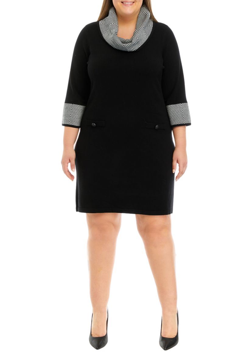 Plus Size 3/4 Sleeve Border Cowl Neck Sweater Dress