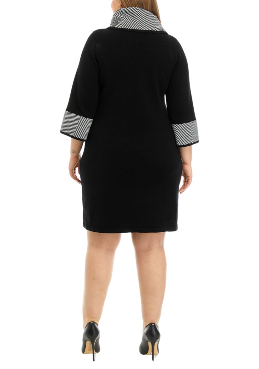 Plus Size 3/4 Sleeve Border Cowl Neck Sweater Dress