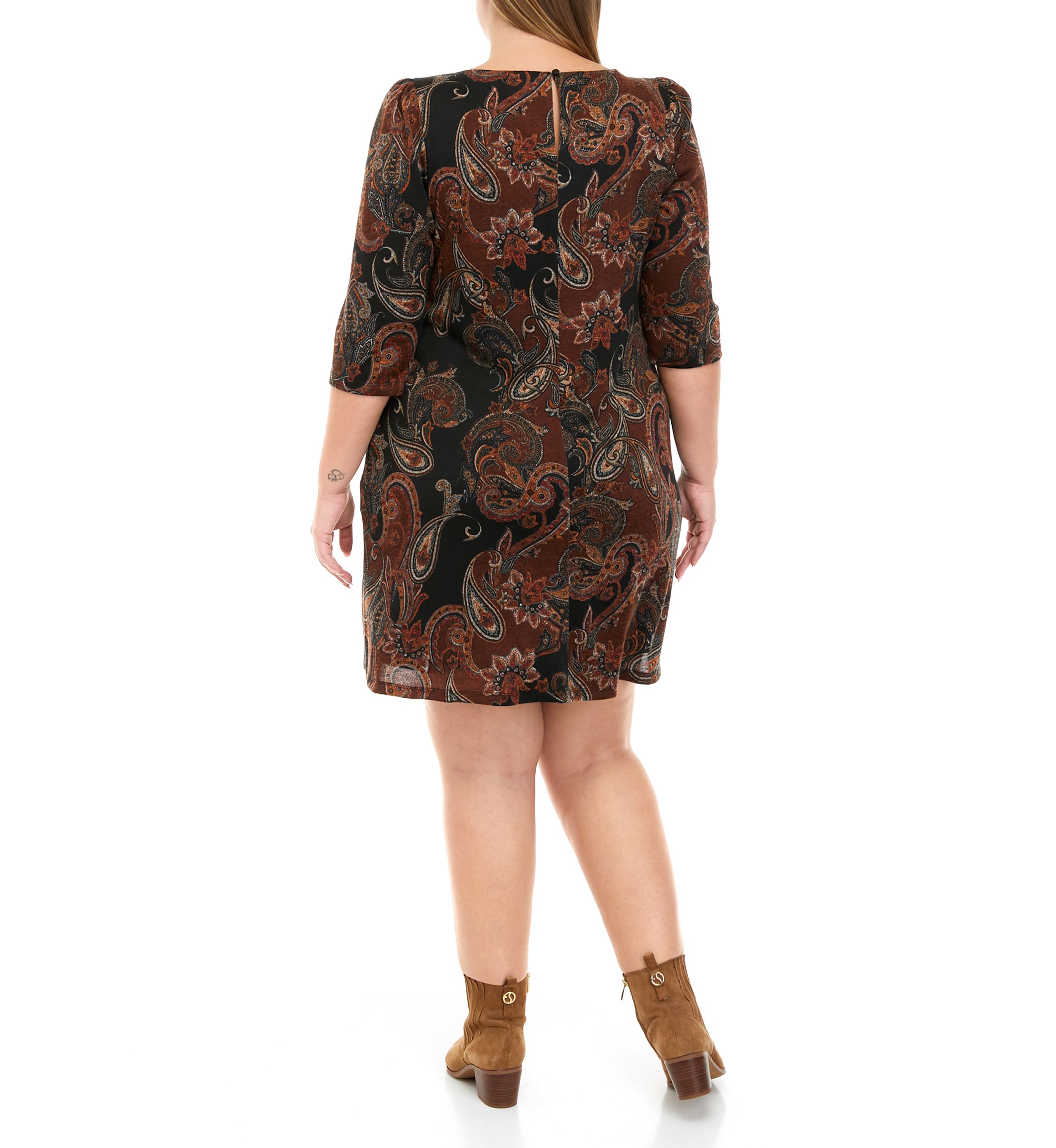 Plus Size Cozy Puff Shoulder Paisley A-Line Hacci Dress